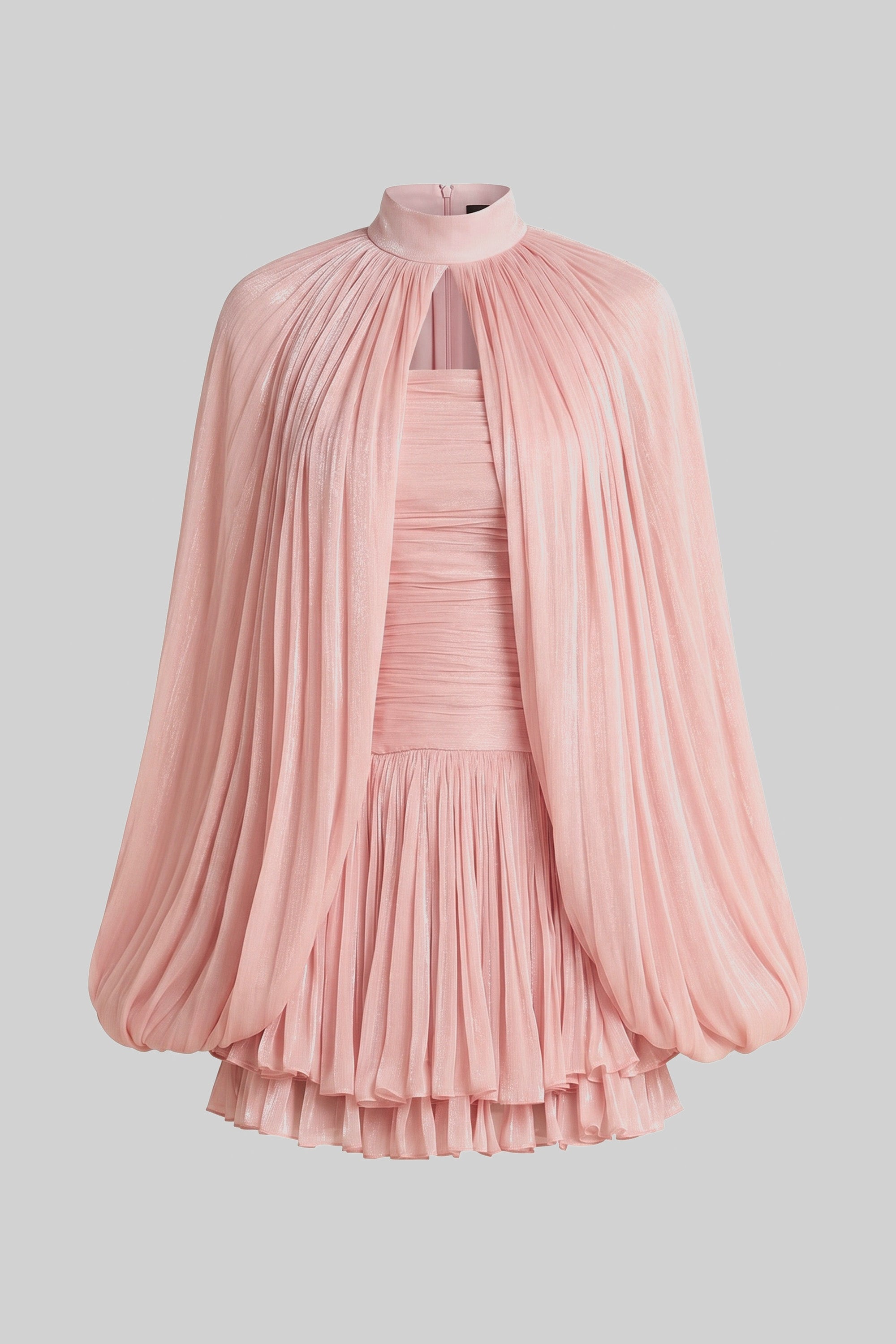 High-Neck Balloon-Sleeve Mini Dress With Pleated Skirt - Pink