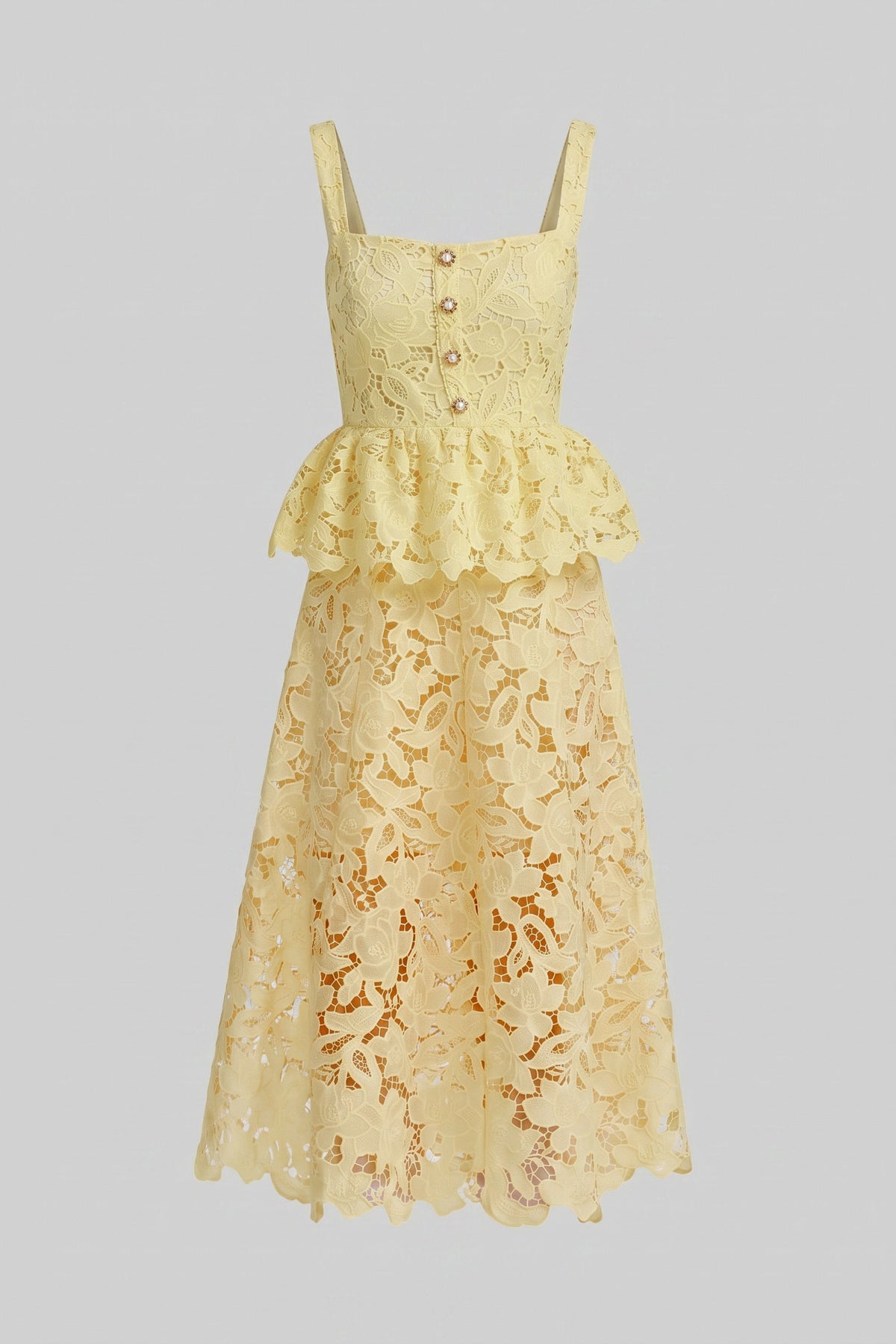 Sleeveless Lace Peplum Dress With Midi Skirt And Golden Buttons - Yellow