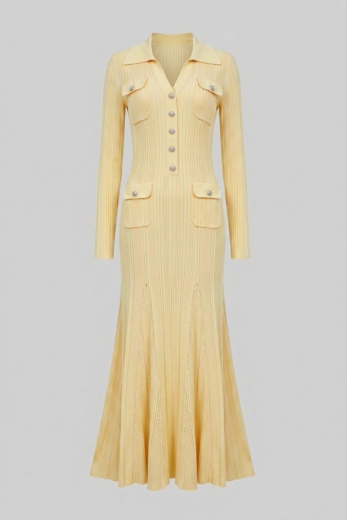 Faustine Yellow Long-Sleeve Button-Front Knit Maxi Dress With Patch Pockets