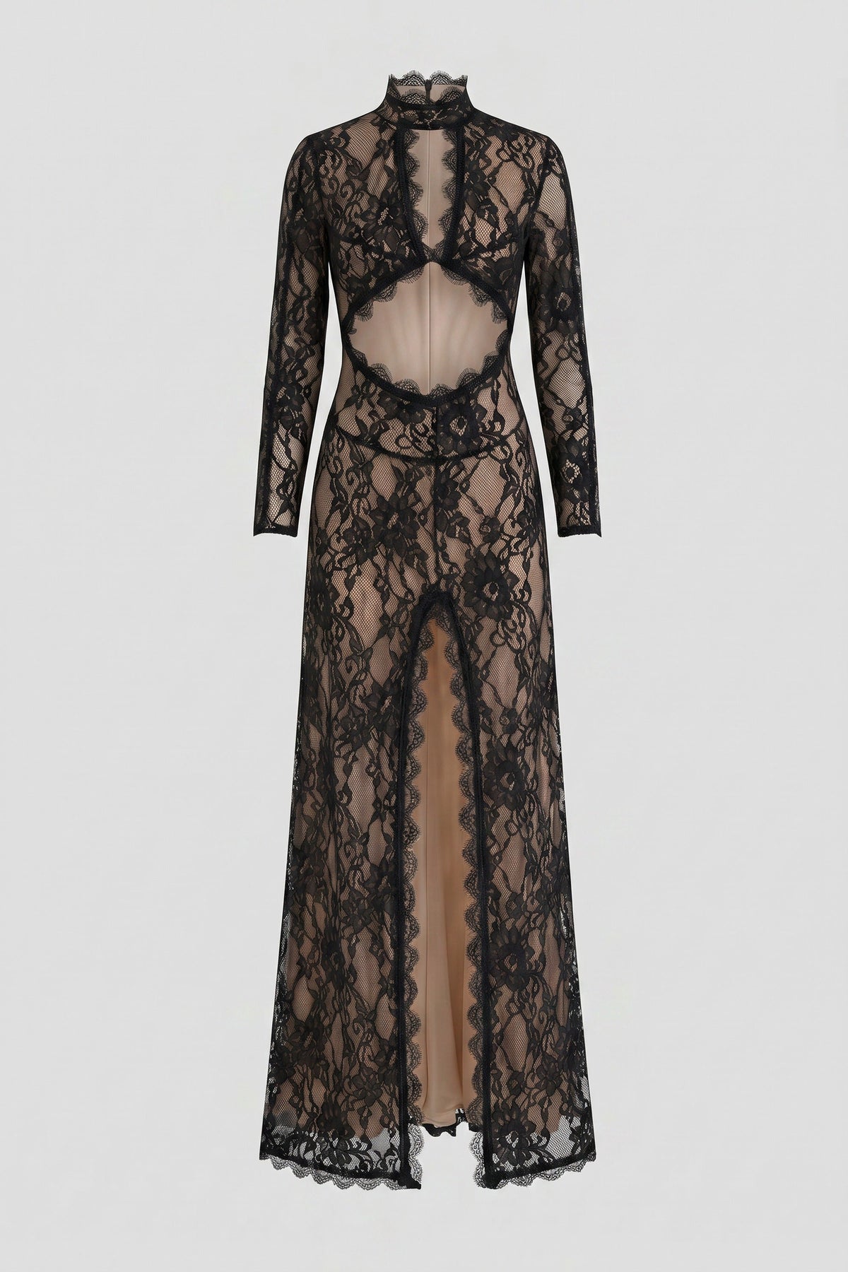 Elegant Lace Gown With High Neck, Front Cutout And Slit - Black