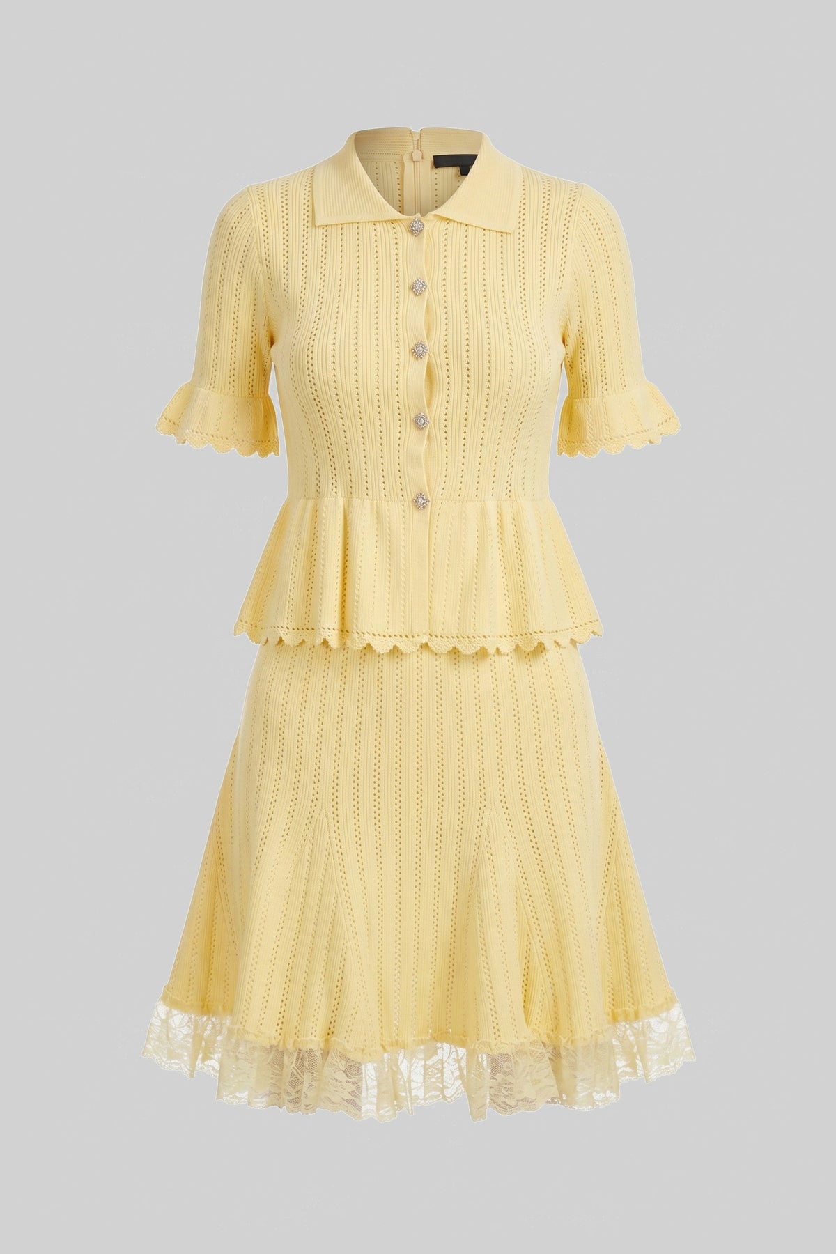 Lucille Yellow Peter-Pan Collar Knit Peplum Co-Ord Set With Lace Hem