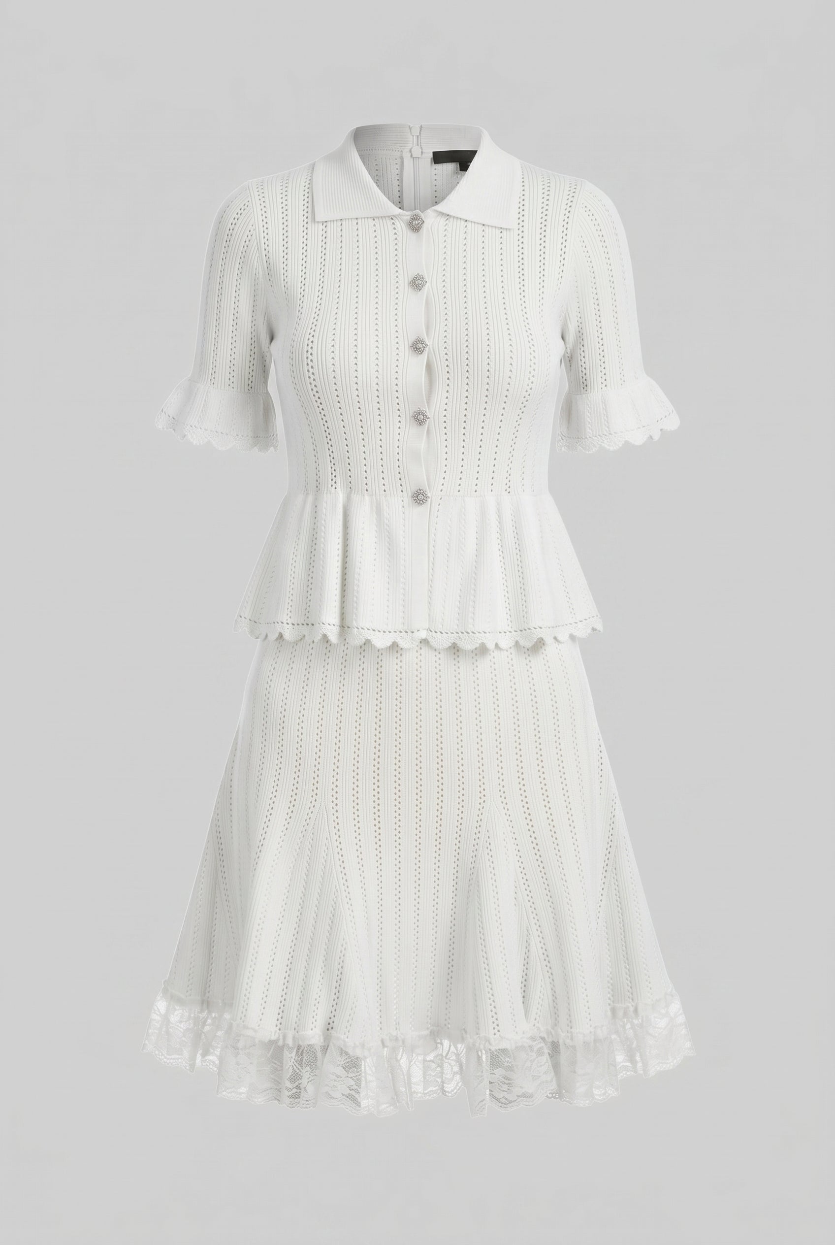 Peter-Pan Collar Knit Peplum Co-Ord set With Lace Hem - White