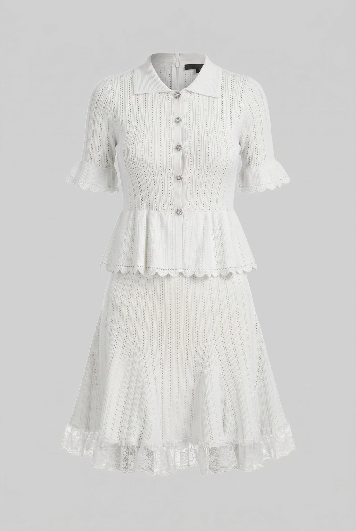 Lucille White Peter-Pan Collar Knit Peplum Co-Ord Set With Lace Hem