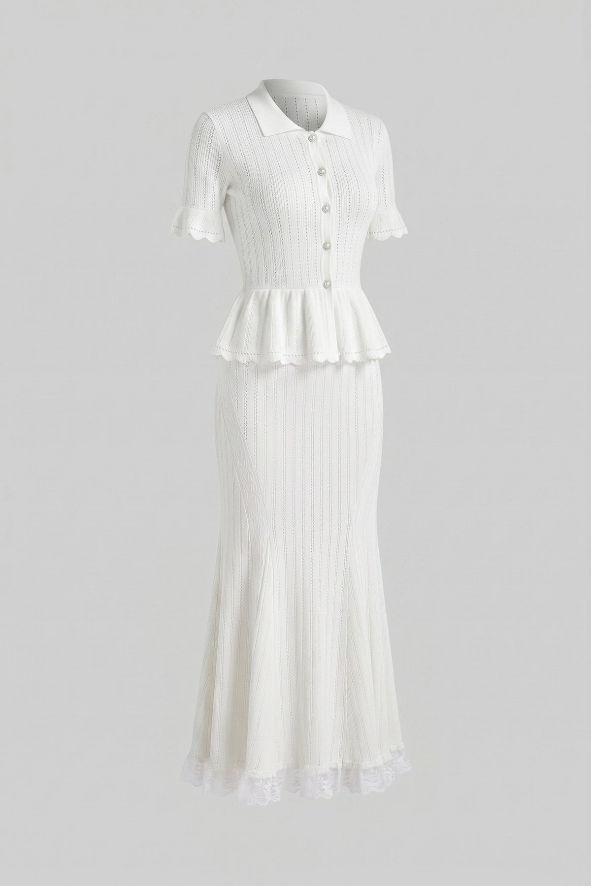 Ludivine White Peter-Pan Collar Knit Peplum Maxi Dress With Lace Hem