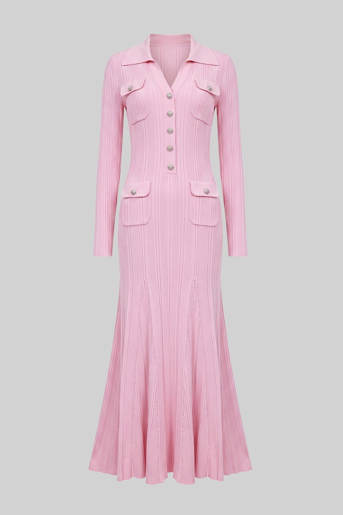 Faustine Pink Long-Sleeve Button-Front Knit Maxi Dress With Patch Pockets