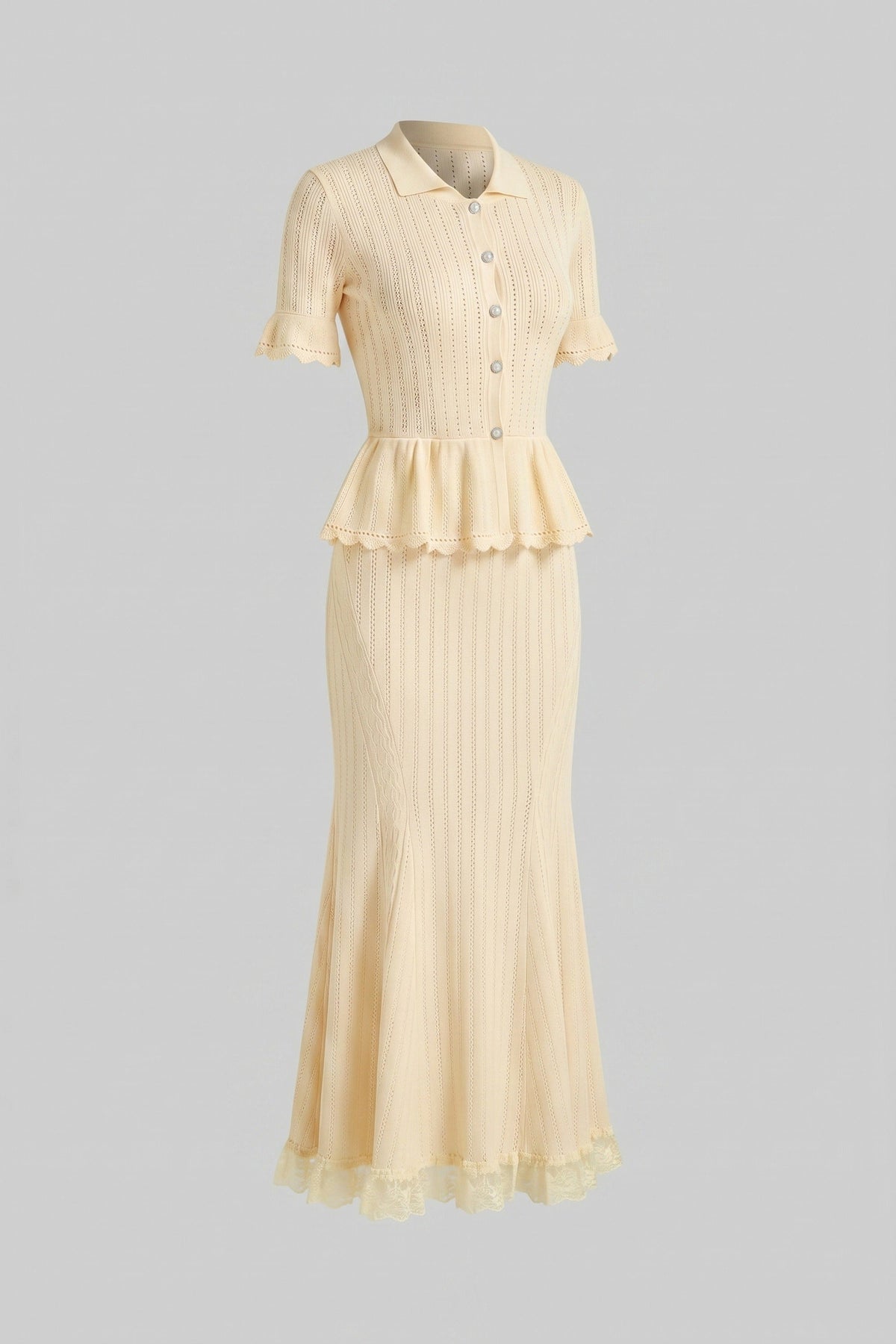 Ludivine Yellow Peter-Pan Collar Knit Peplum Maxi Dress With Lace Hem