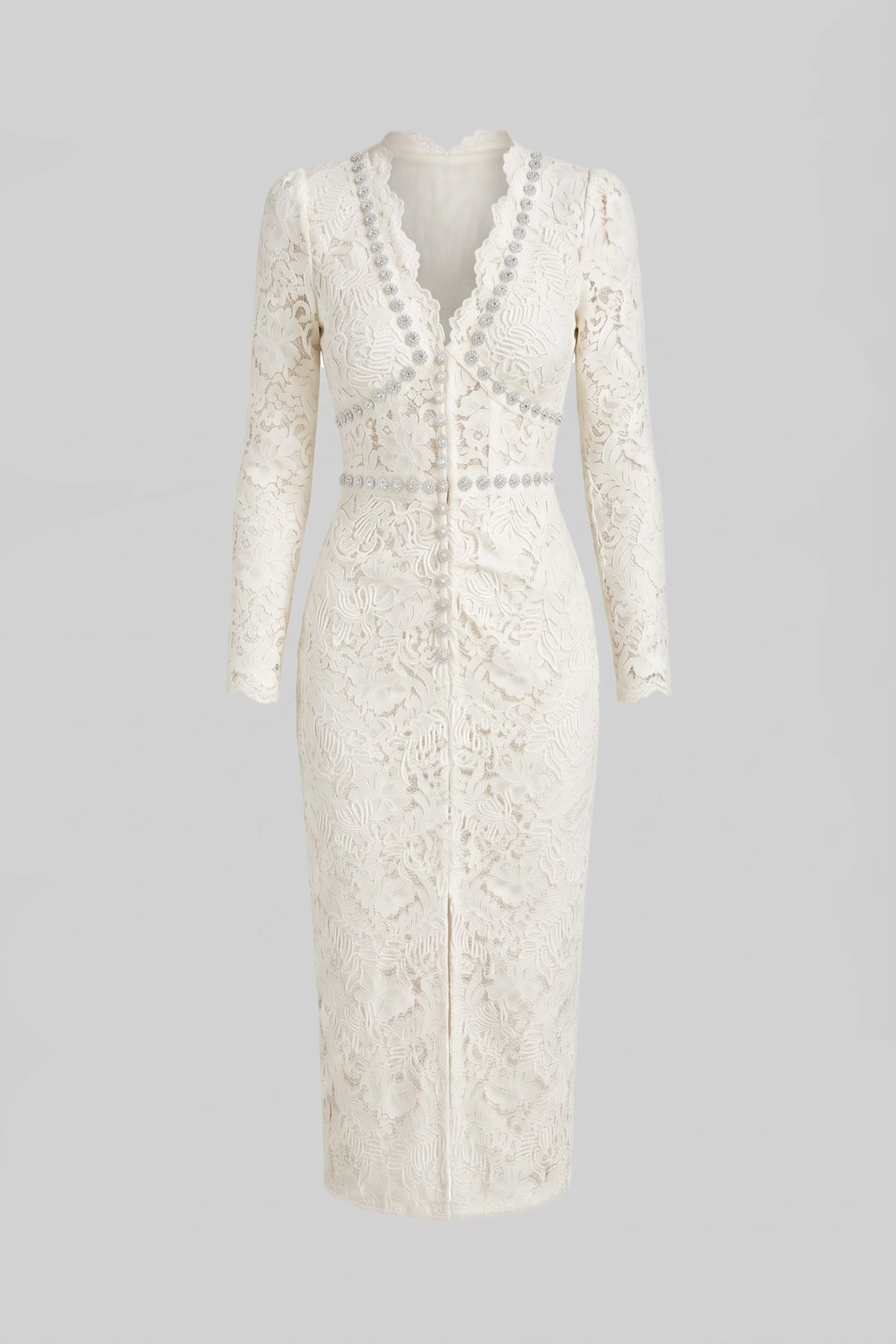 Lace Midi Dress With Crystal V-Neckline And Ruched Front Detail - Ivoire
