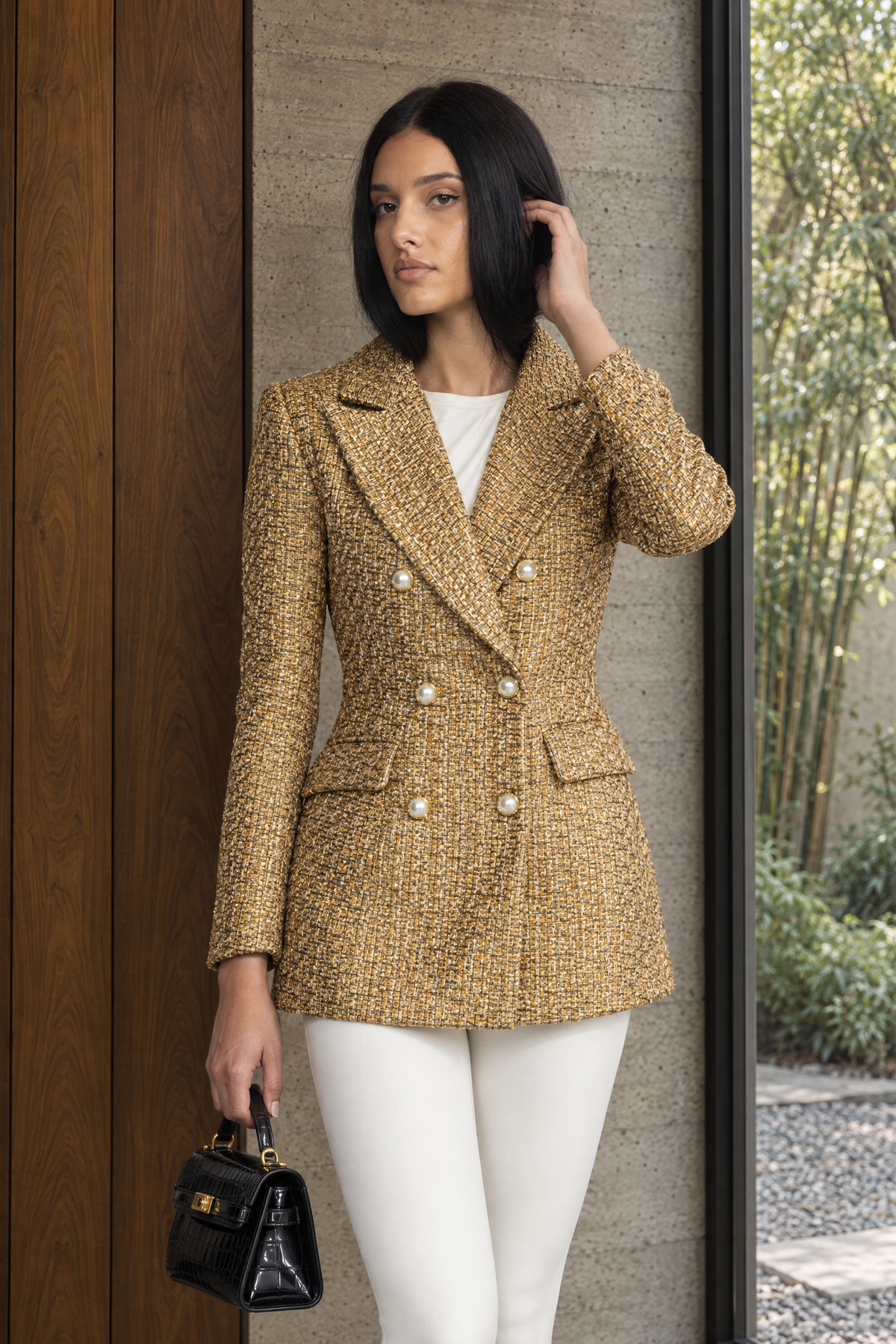 Ermeline Gold Metallic Tweed Double-Breasted Blazer with Pearl Buttons