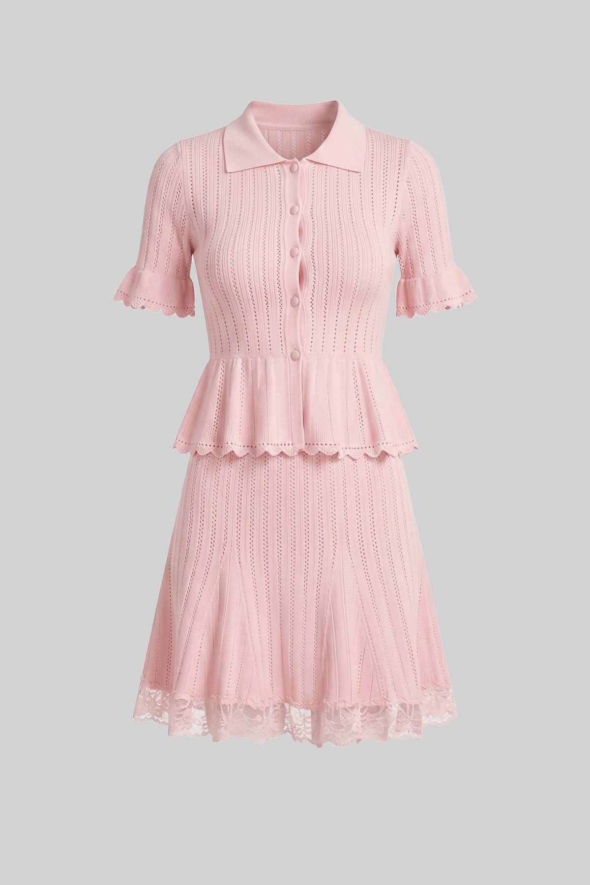 Lucille Pink Peter-Pan Collar Knit Peplum Co-Ord Set With Lace Hem