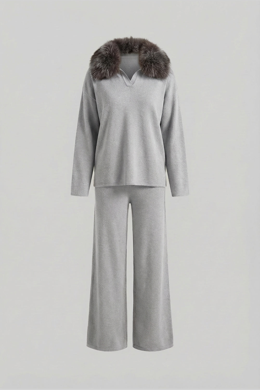 Elodie Grey Knit Lounge Co-Ord Set with Fox Fur Collar