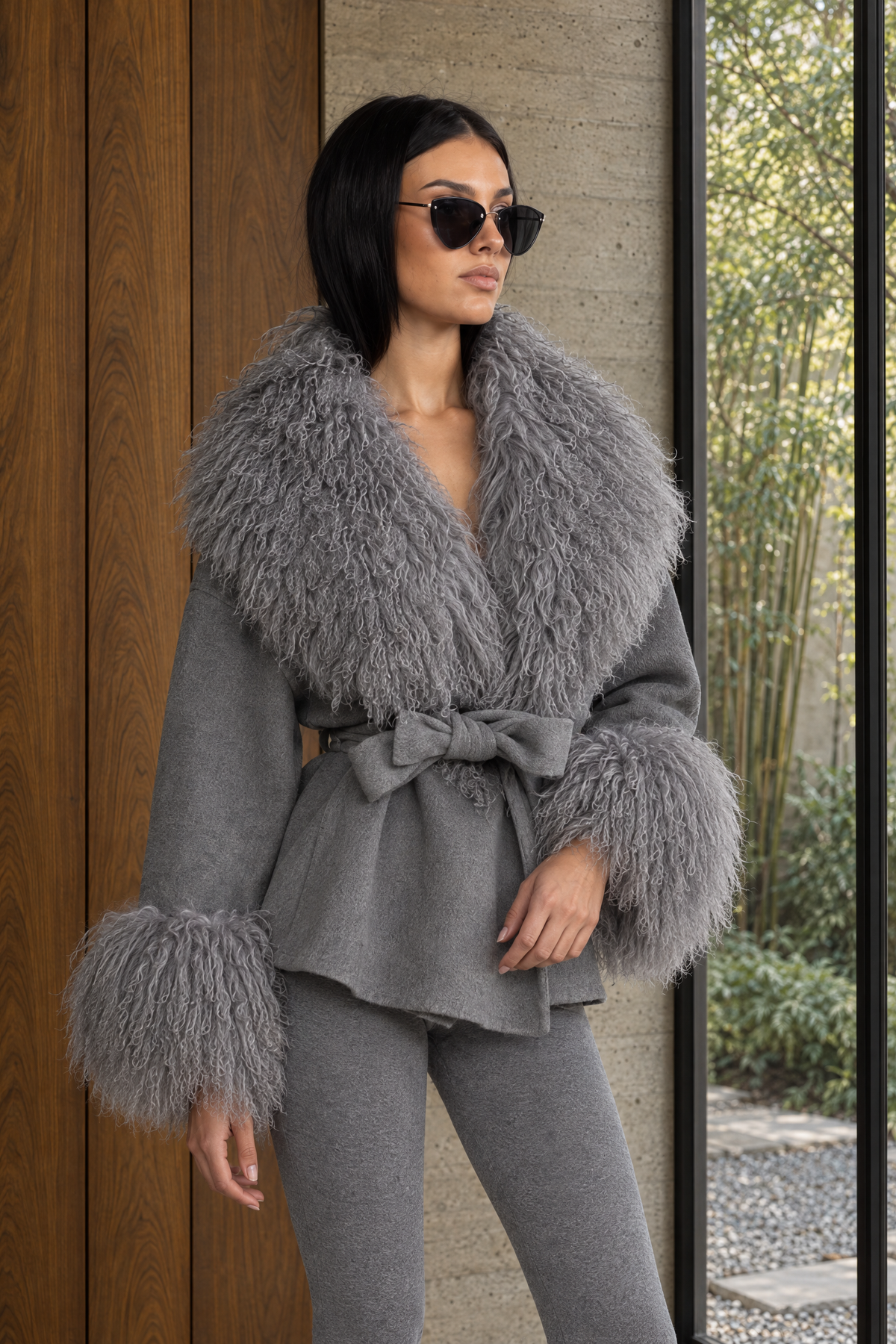 Odette Grey Belted Wool Jacket With Curly Fur-Effect Collar And Cuffs