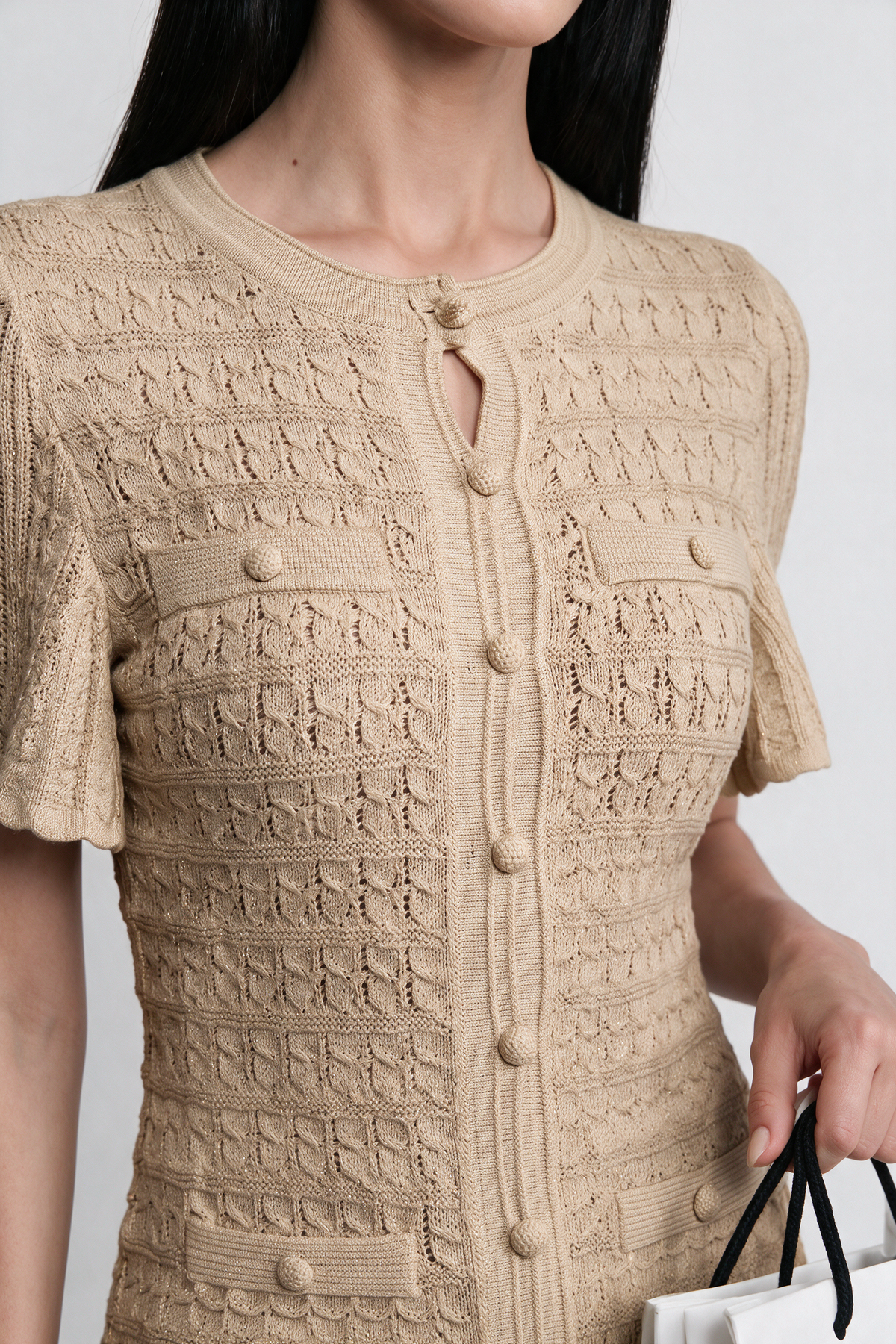 Short Sleeve Midi Dress With Shimmer Knit Texture - Beige