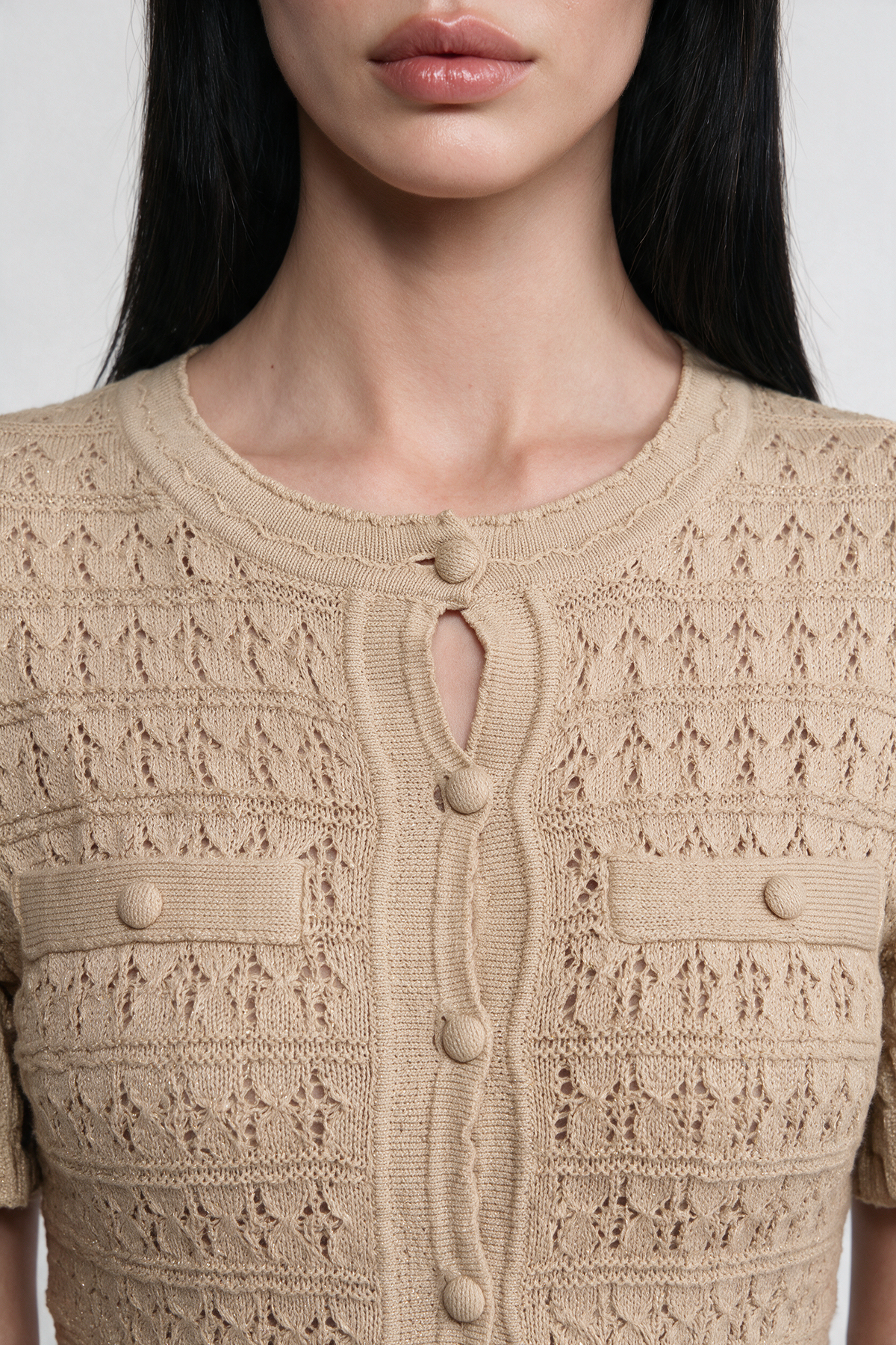 Short Sleeve Midi Dress With Shimmer Knit Texture - Beige