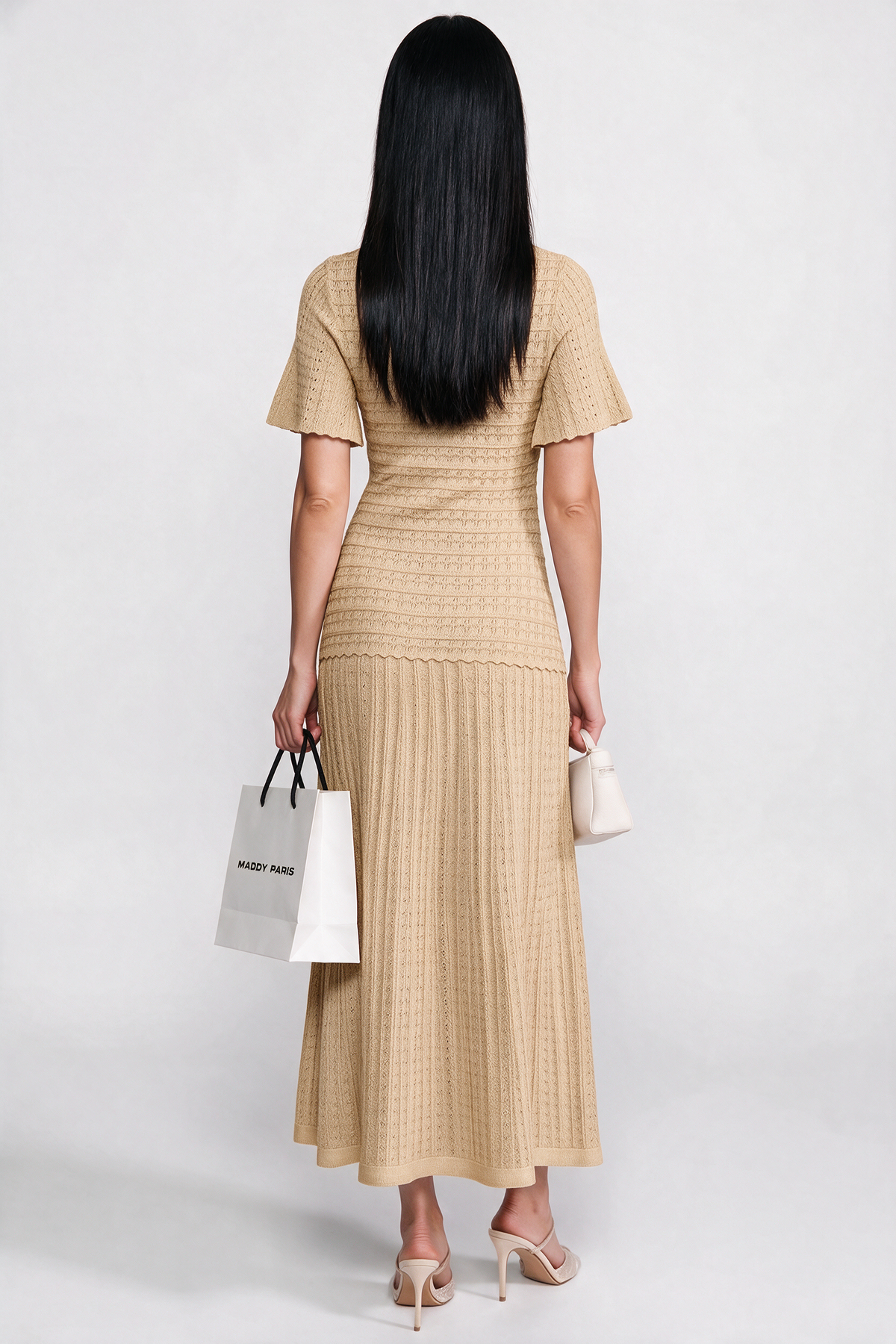 Short Sleeve Midi Dress With Shimmer Knit Texture - Beige