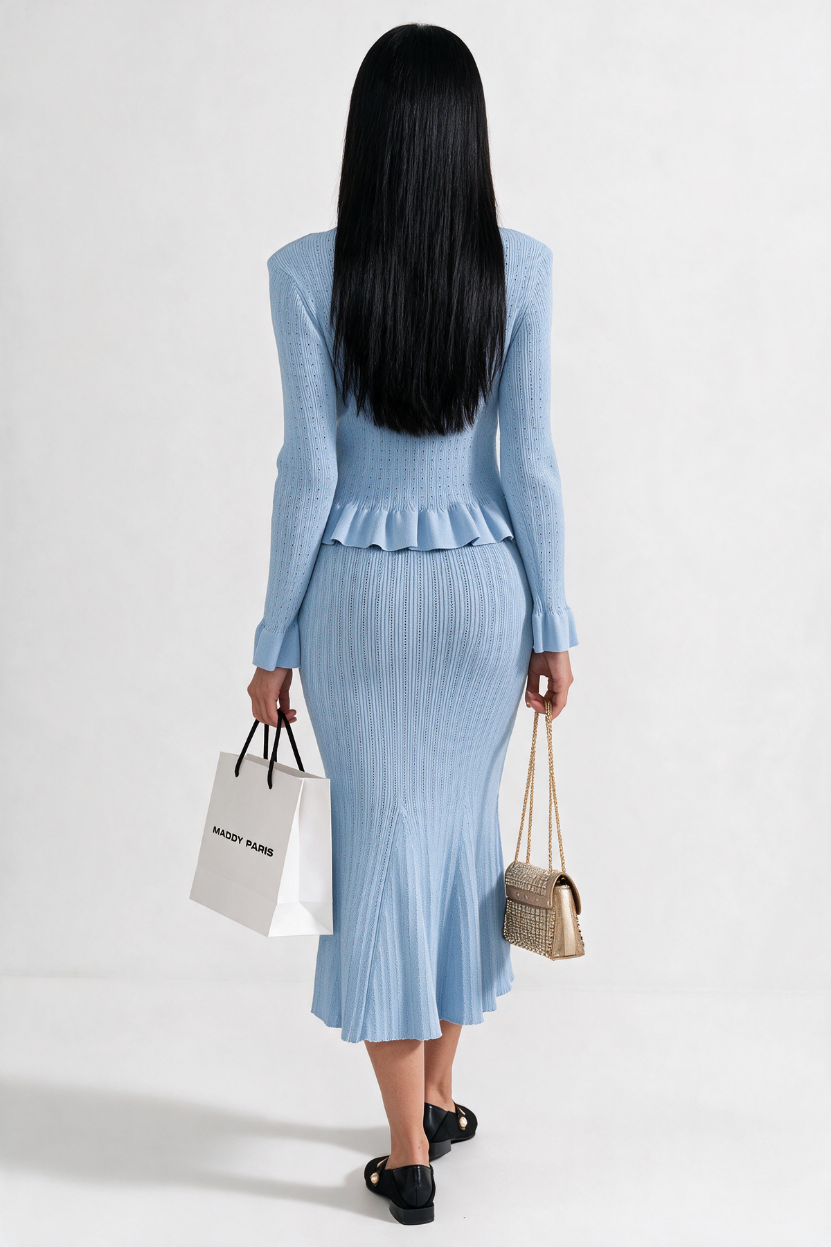 Ruffled Jacket & Flared Skirt Knit Matching Set - Baby Blue