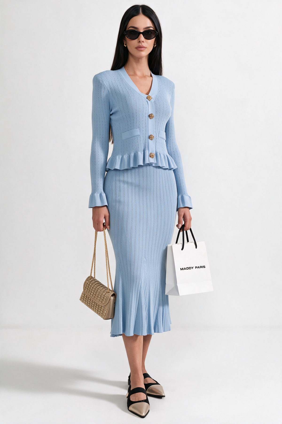 Ruffled Jacket & Flared Skirt Knit Matching Set - Baby Blue