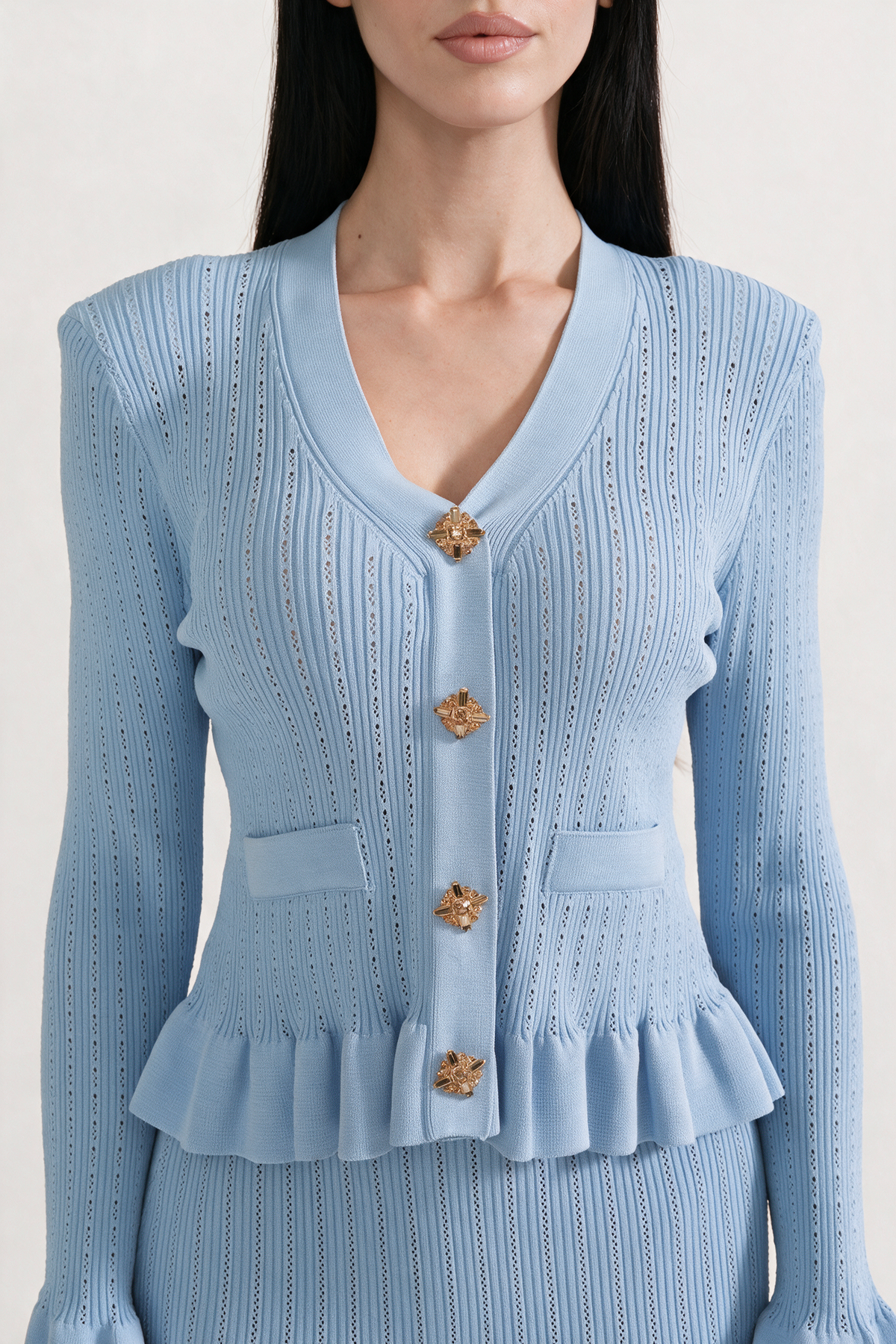 Ruffled Jacket & Flared Skirt Knit Matching Set - Baby Blue