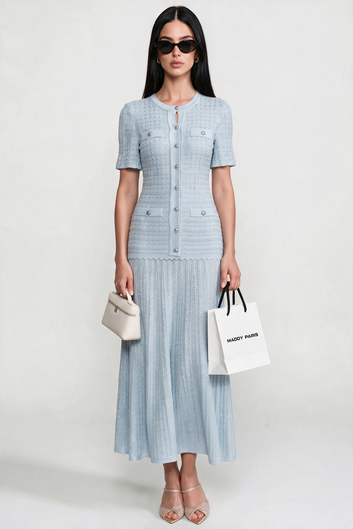Short Sleeve Midi Dress With Shimmer Knit Texture - Light Blue