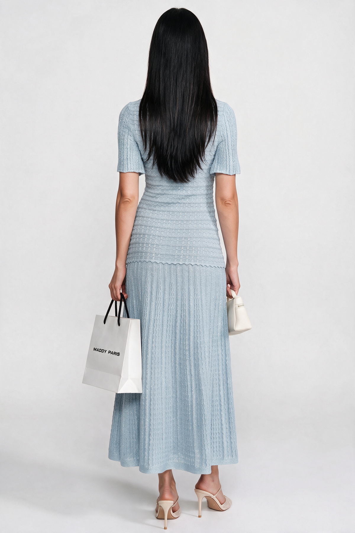 Short Sleeve Midi Dress With Shimmer Knit Texture - Light Blue