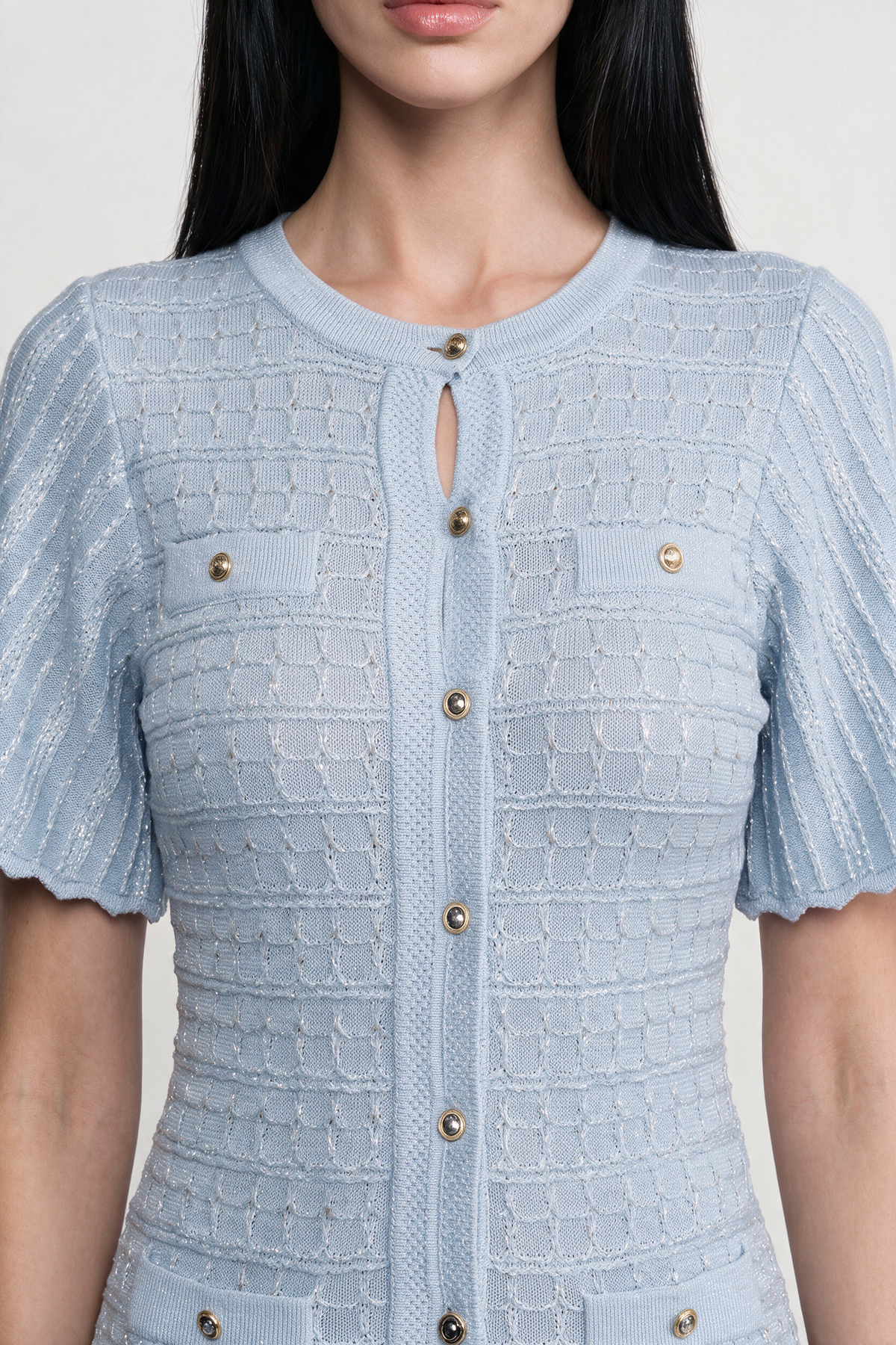 Short Sleeve Midi Dress With Shimmer Knit Texture - Light Blue