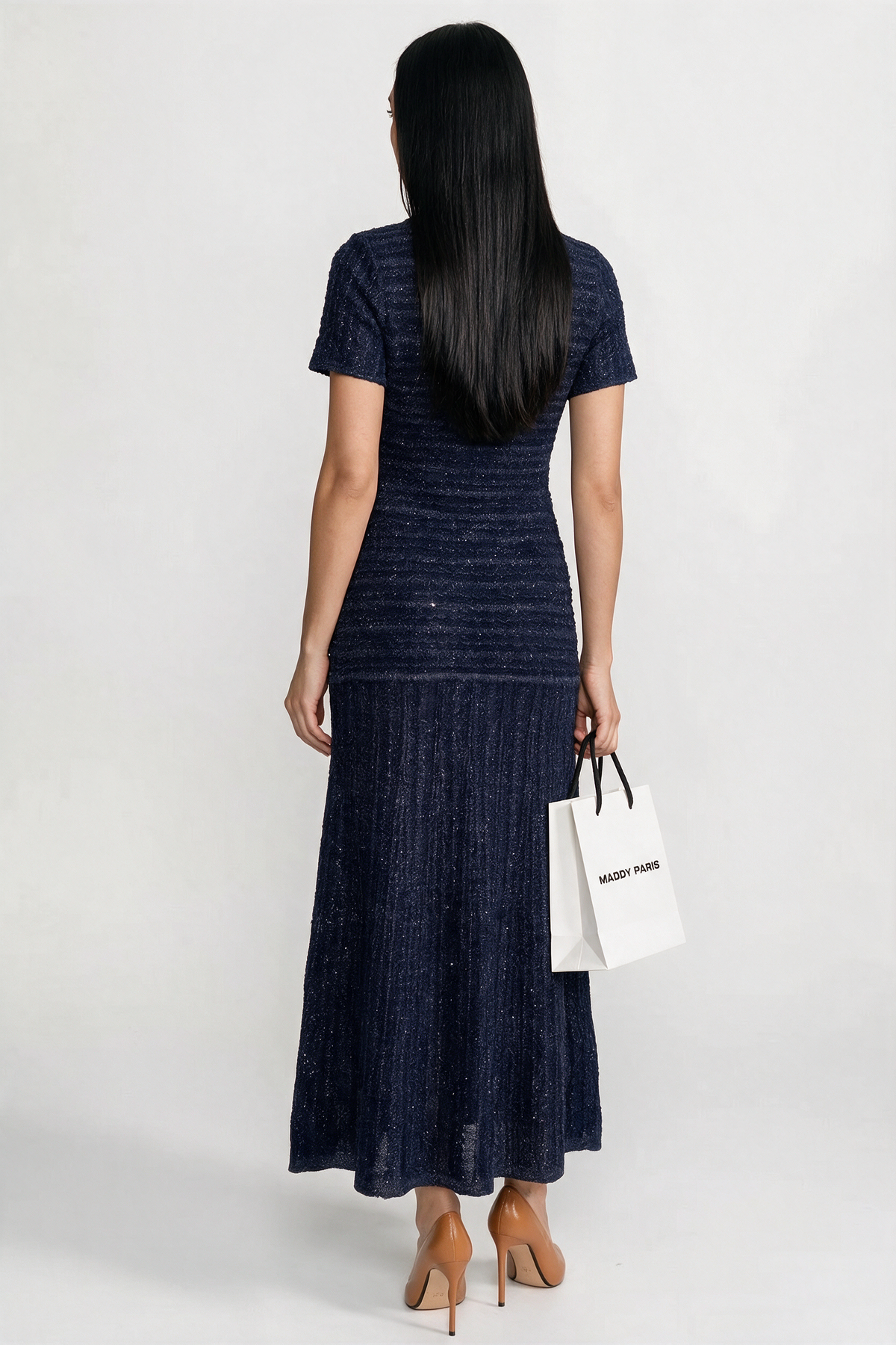 Short Sleeve Midi Dress With Shimmer Knit Texture - Navy