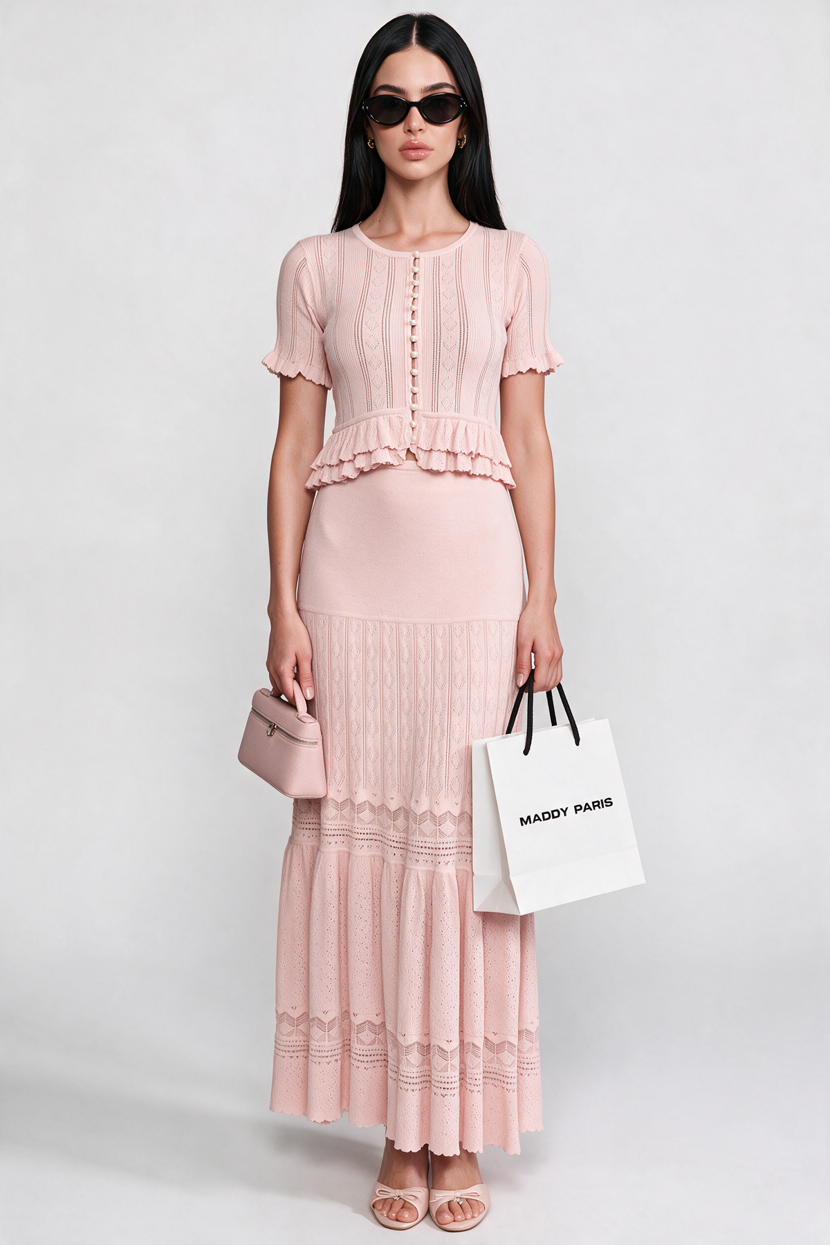 Two-Piece Knit Co-Ord Set With Ruffled Waist - Pink