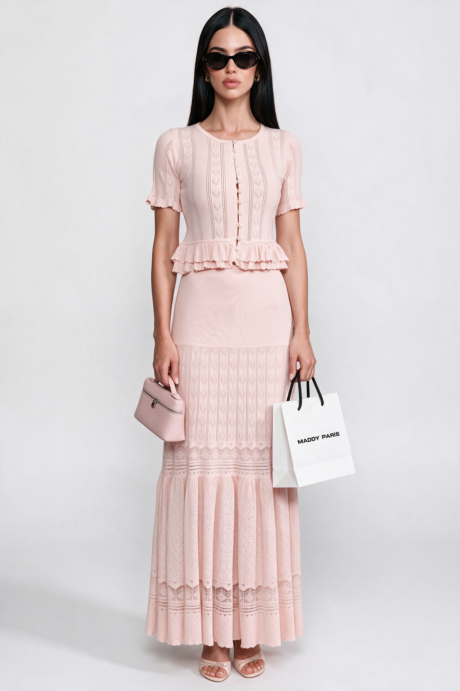 Two-Piece Knit Co-Ord Set With Ruffled Waist - Pink