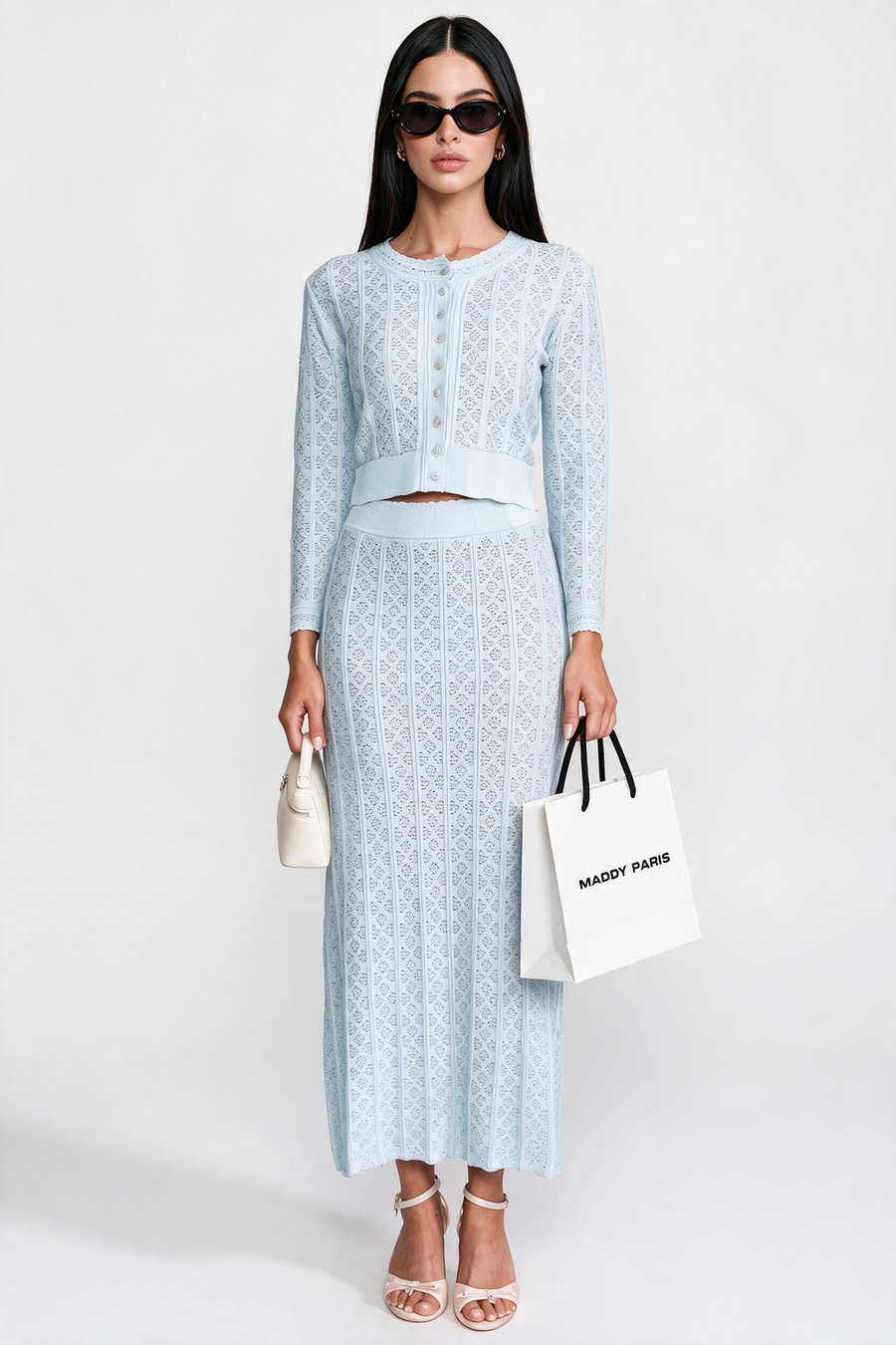 Eyelet Knit Co-Ord Set With Cardigan And Maxi Skirt - Light Blue