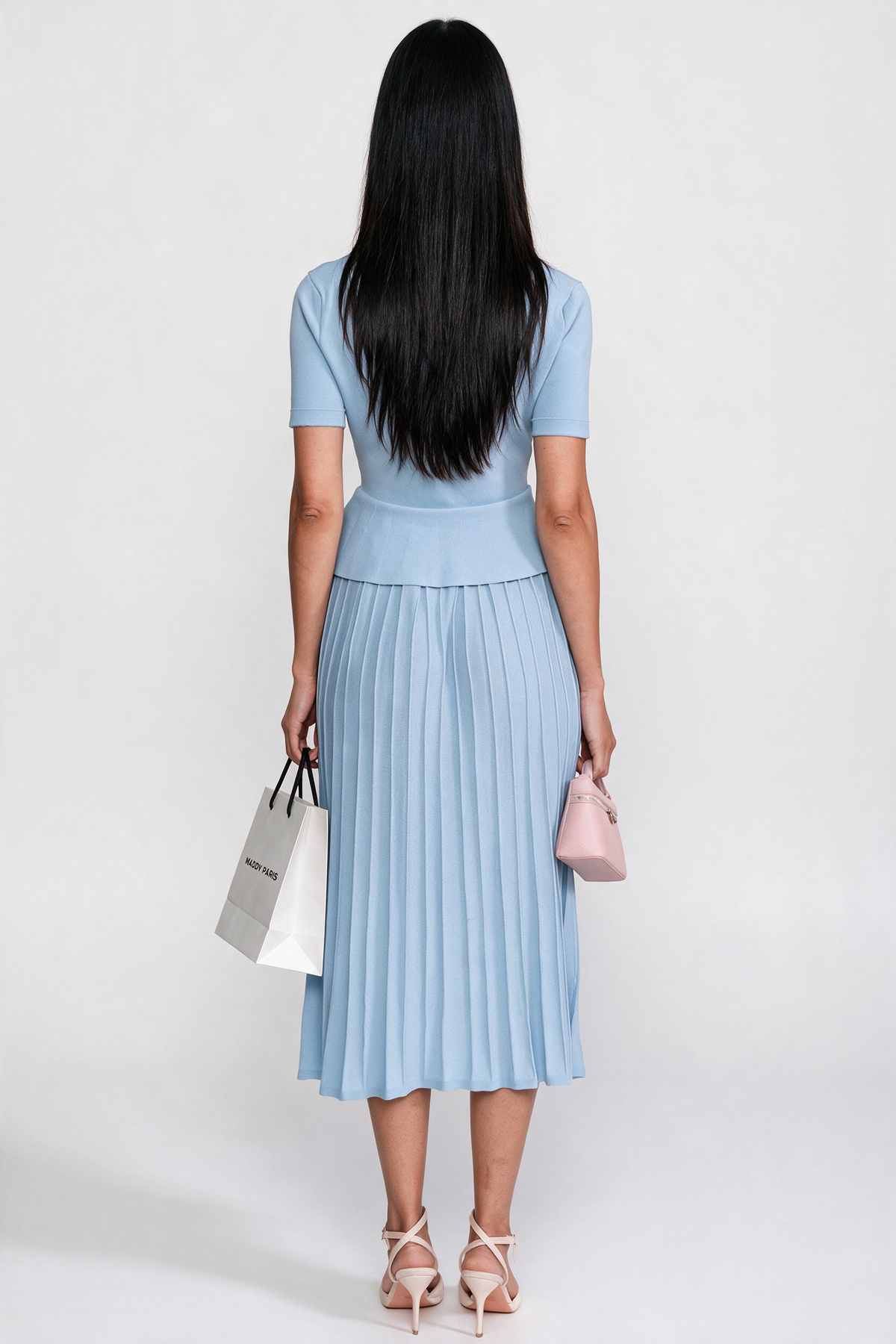 Peplum Knit Midi Dress With Button Front - Light Blue