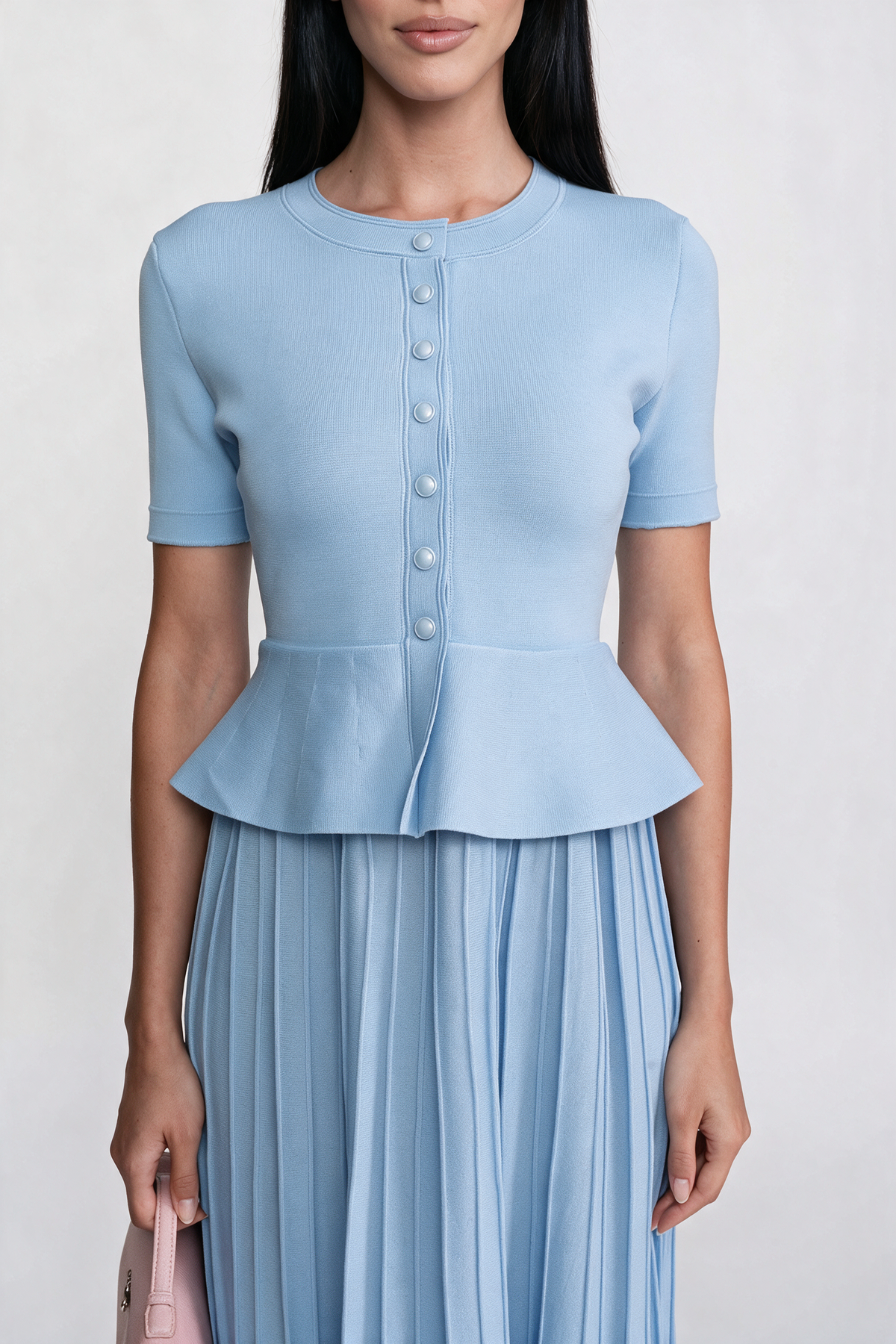 Peplum Knit Midi Dress With Button Front - Light Blue