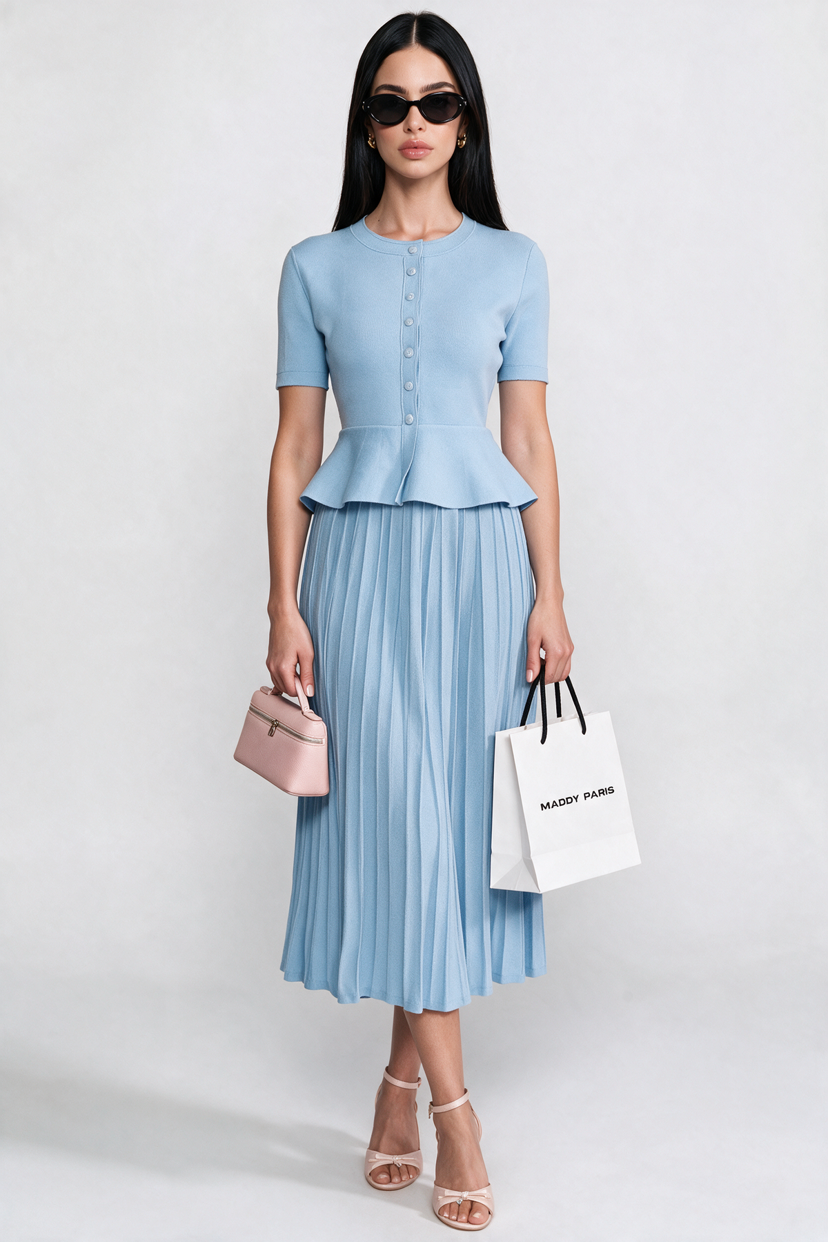 Peplum Knit Midi Dress With Button Front - Light Blue