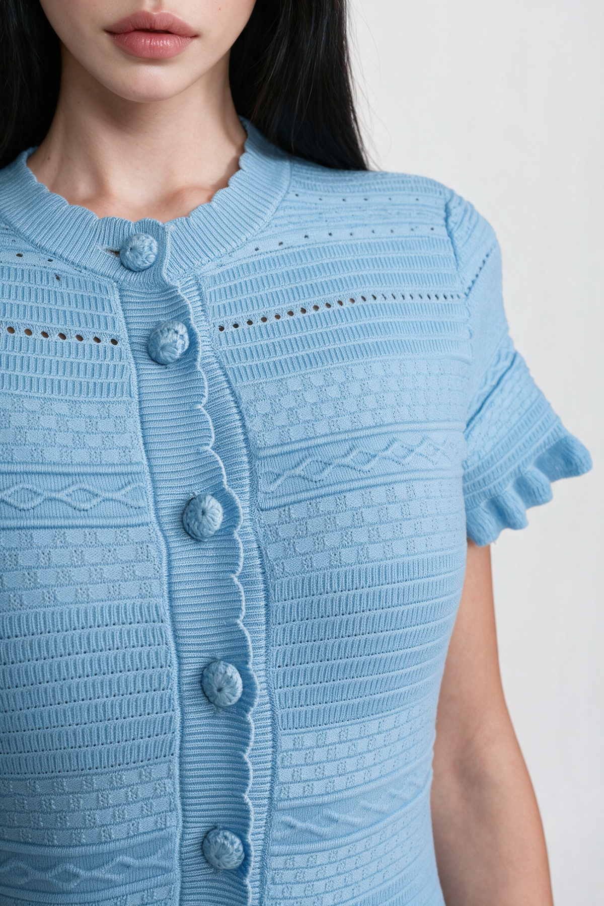 Ruffle Hem Knit Midi Dress With Button Front - Sky Blue