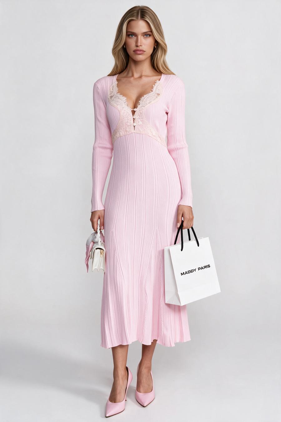 Ribbed Long Sleeve Midi Dress With Lace-Trim V-Neckline - Baby Pink