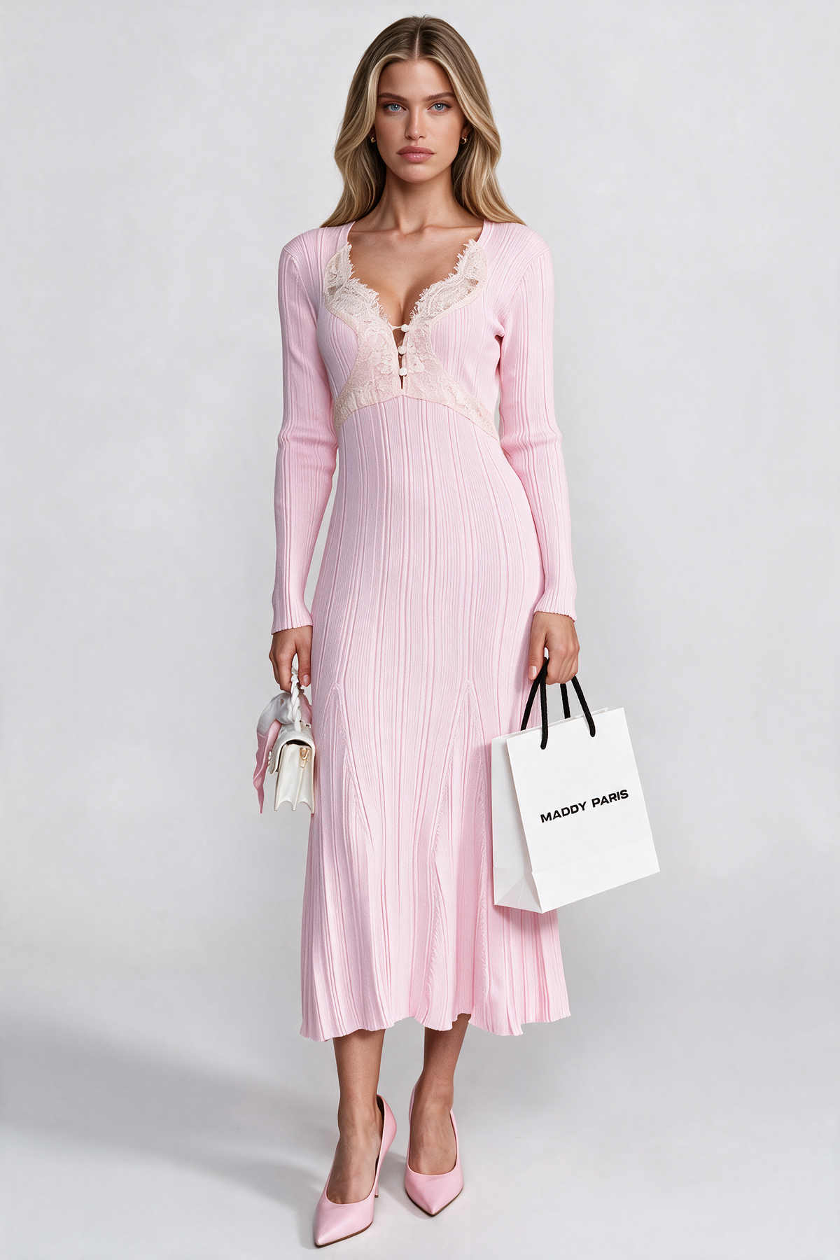 Ribbed Long Sleeve Midi Dress With Lace-Trim V-Neckline - Baby Pink