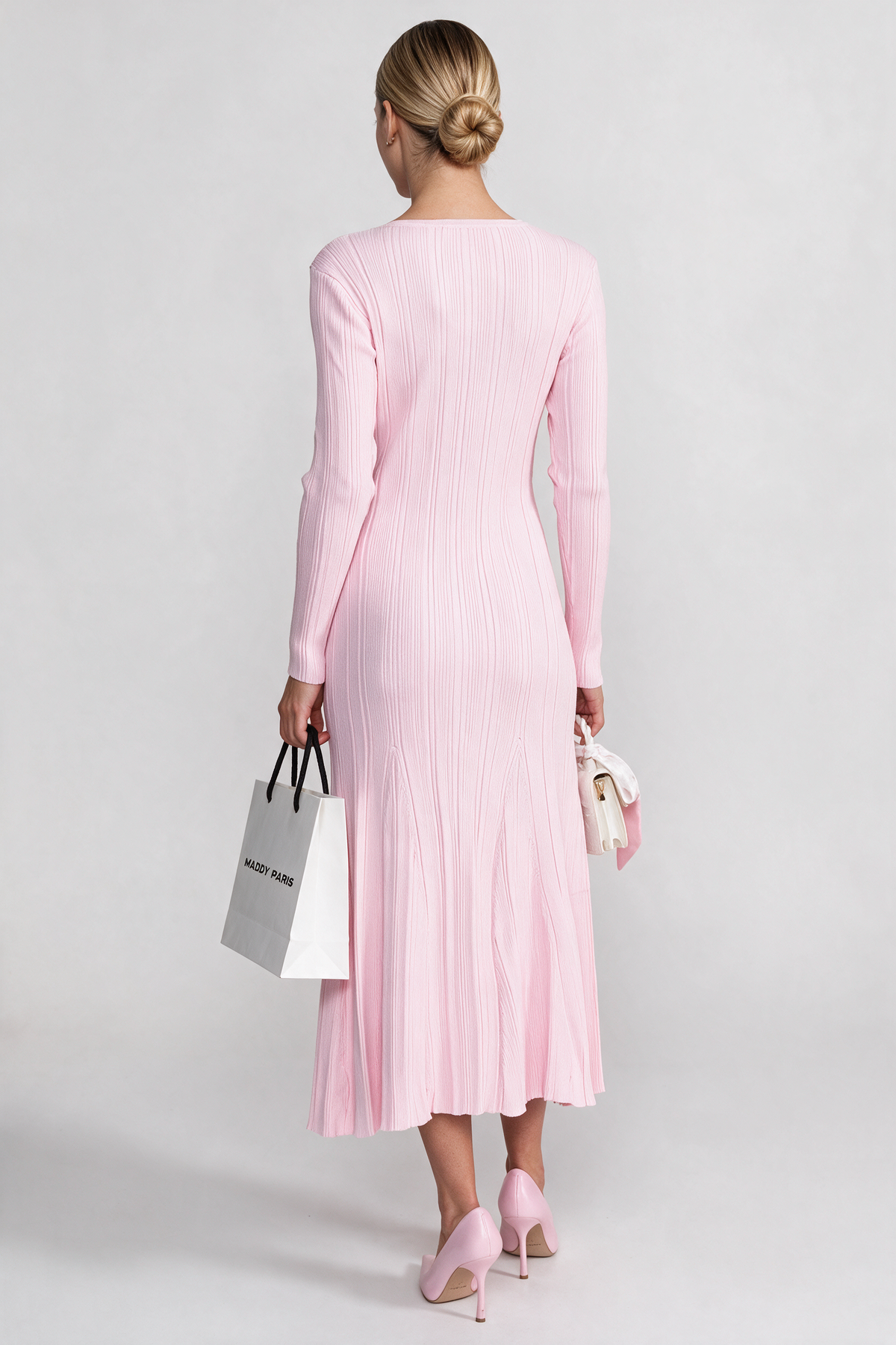 Ribbed Long Sleeve Midi Dress With Lace-Trim V-Neckline - Baby Pink