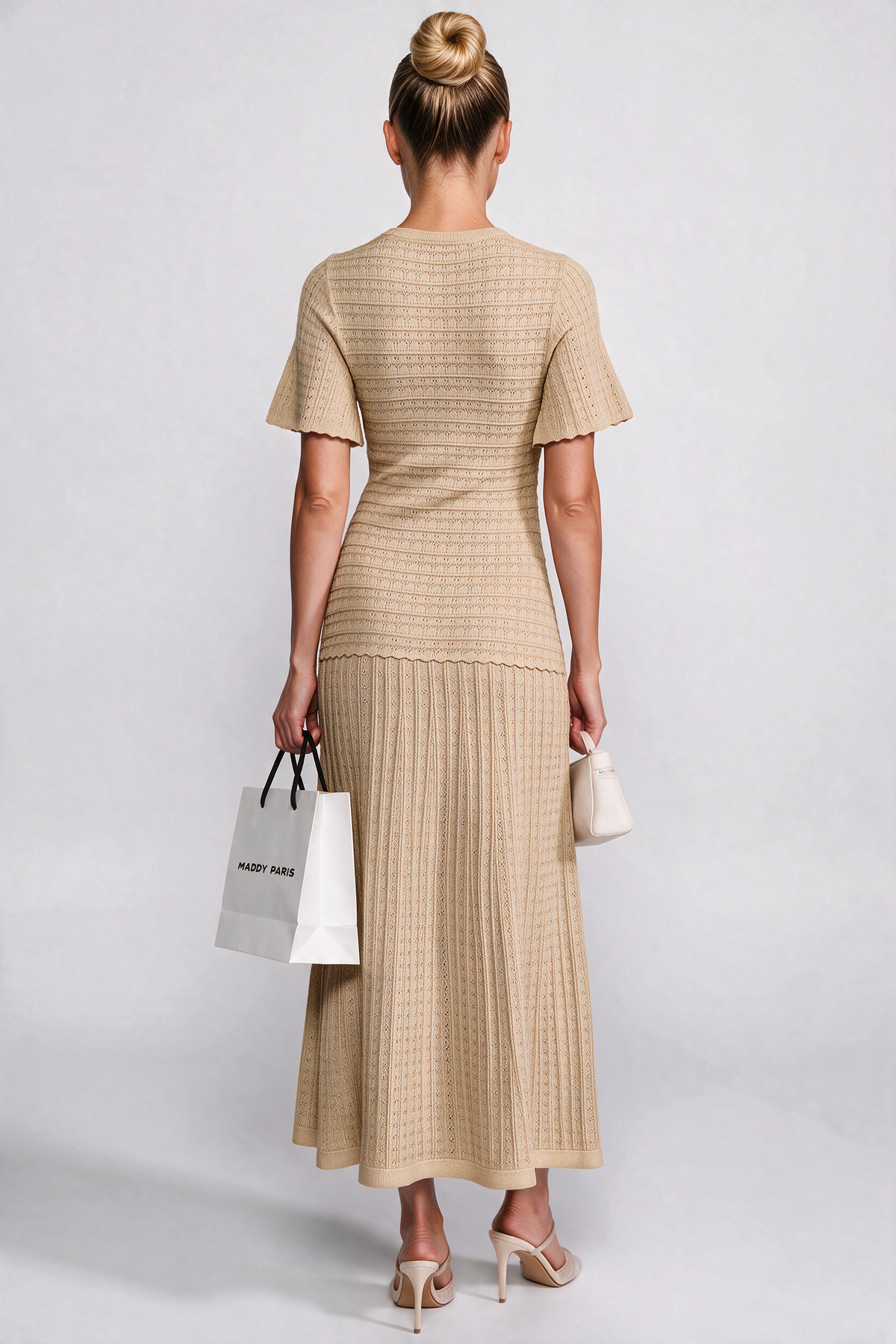 Short Sleeve Midi Dress With Shimmer Knit Texture - Beige