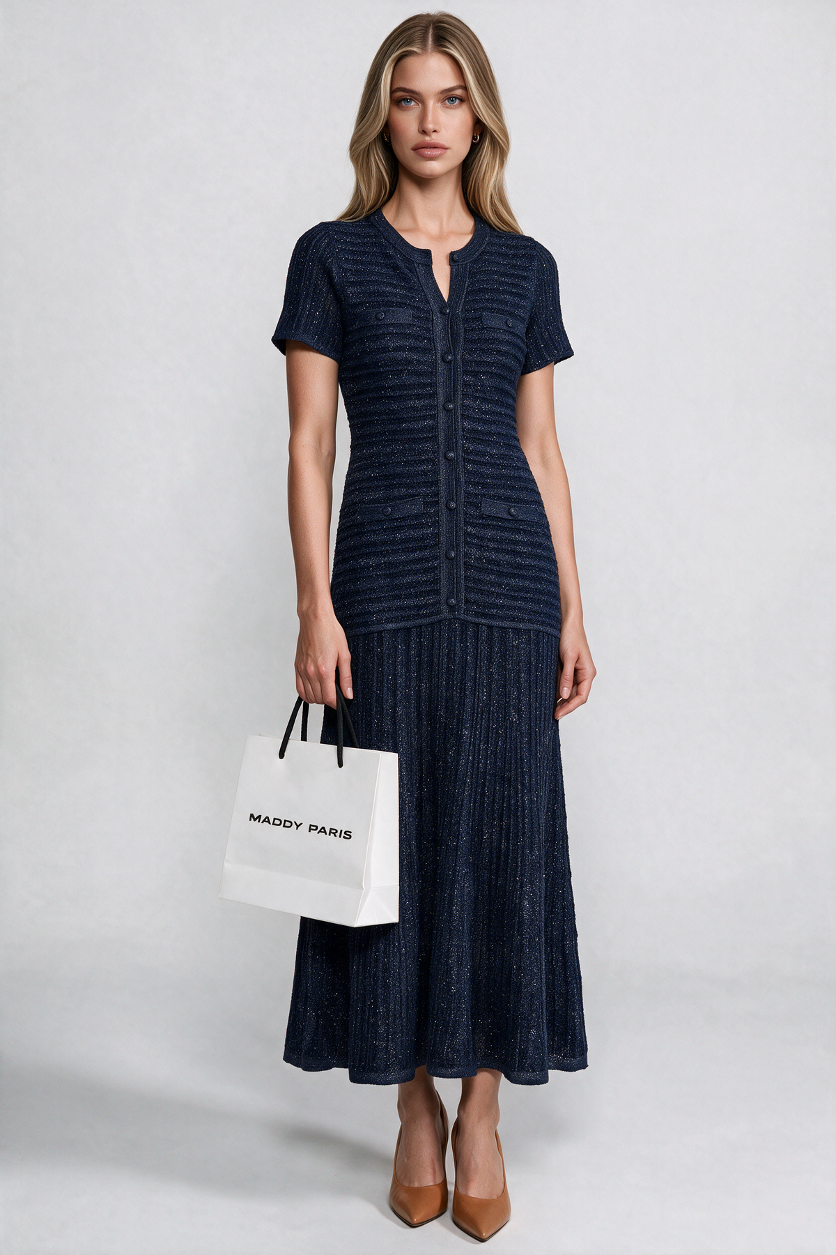 Short Sleeve Midi Dress With Shimmer Knit Texture - Navy