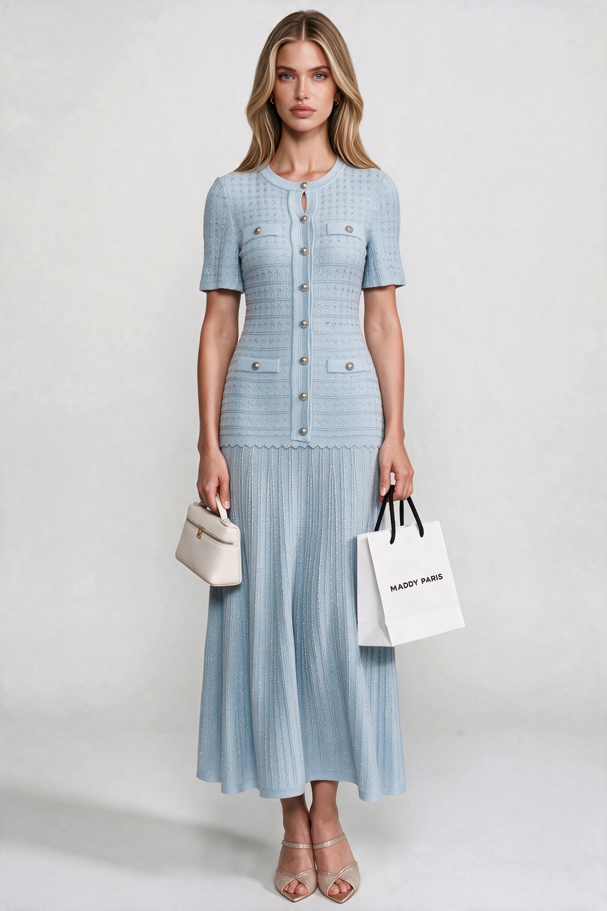 Short Sleeve Midi Dress With Shimmer Knit Texture - Light Blue