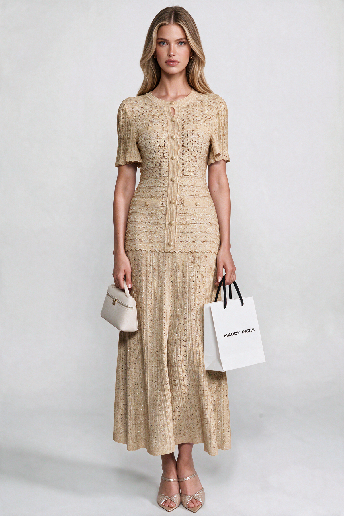 Short Sleeve Midi Dress With Shimmer Knit Texture - Beige