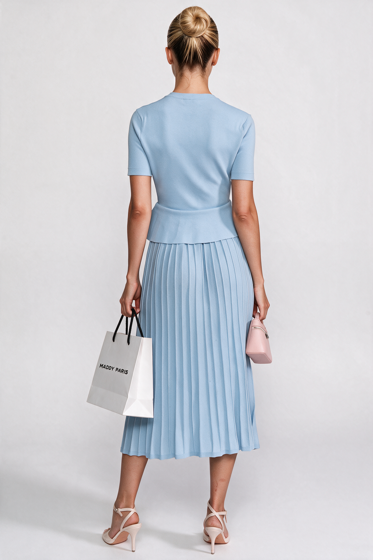 Peplum Knit Midi Dress With Button Front - Light Blue