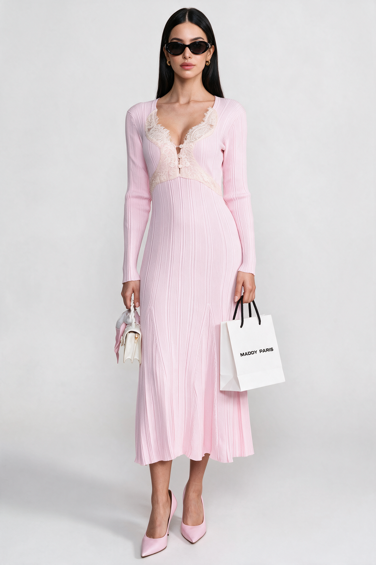 Ribbed Long Sleeve Midi Dress With Lace-Trim V-Neckline - Baby Pink