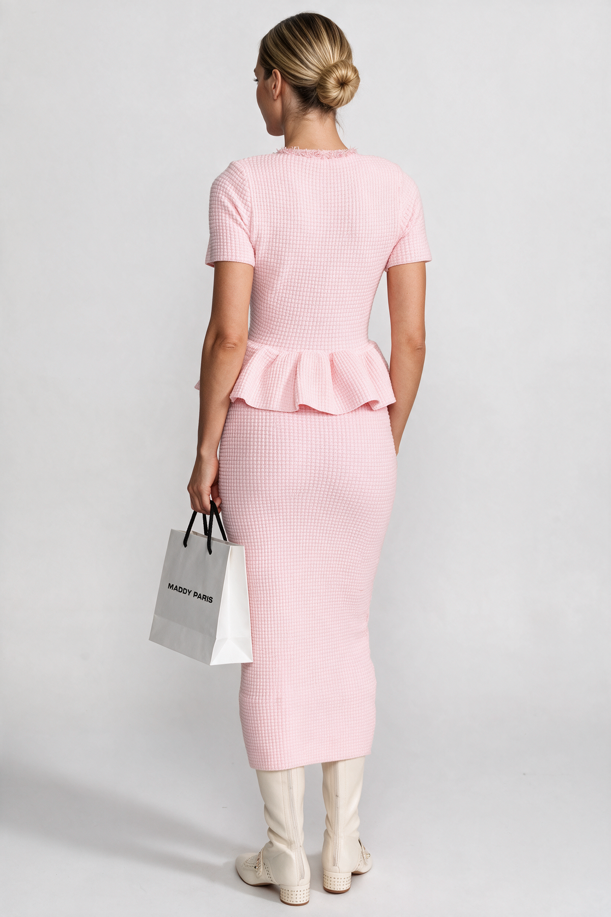 Textured Knit Midi Dress with Peplum Waist Detail – Baby Pink