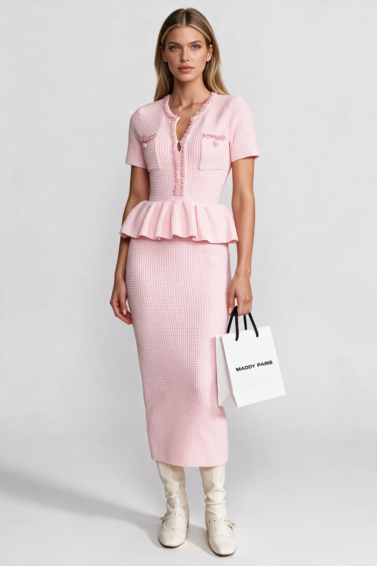 Textured Knit Midi Dress with Peplum Waist Detail – Baby Pink