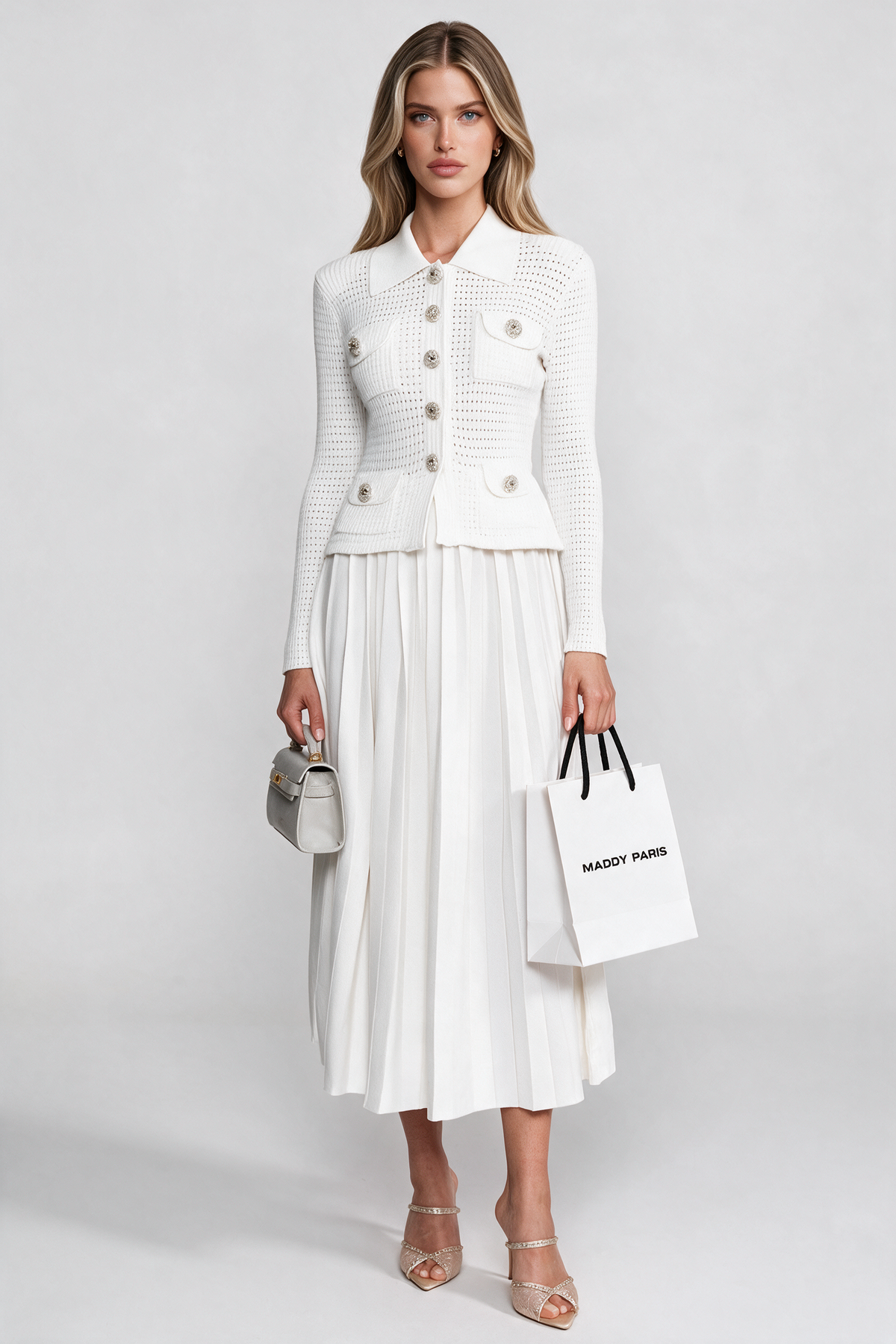 Open-Knit Dress with Pleated Midi Skirt - White