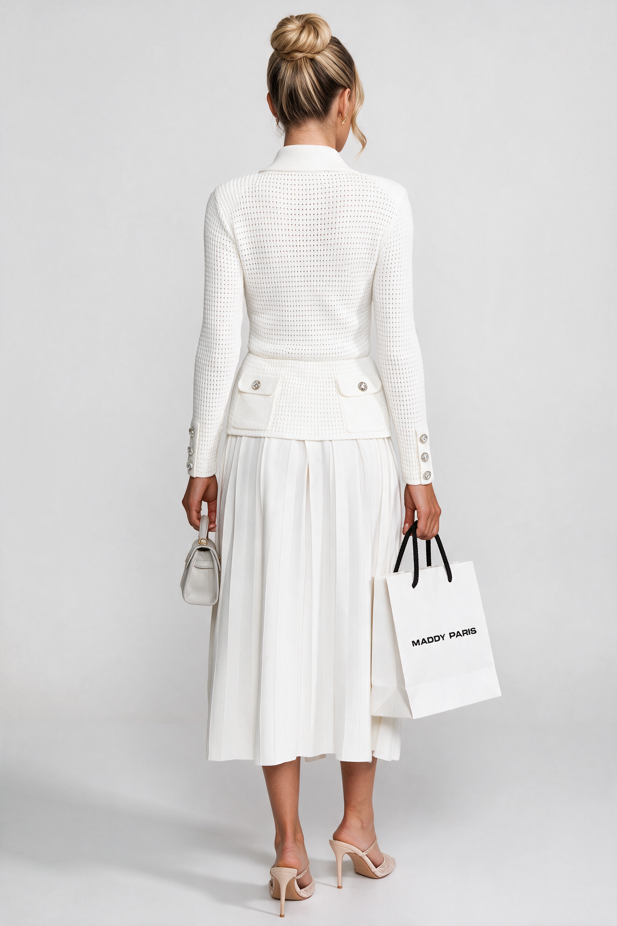 Open-Knit Dress with Pleated Midi Skirt - White