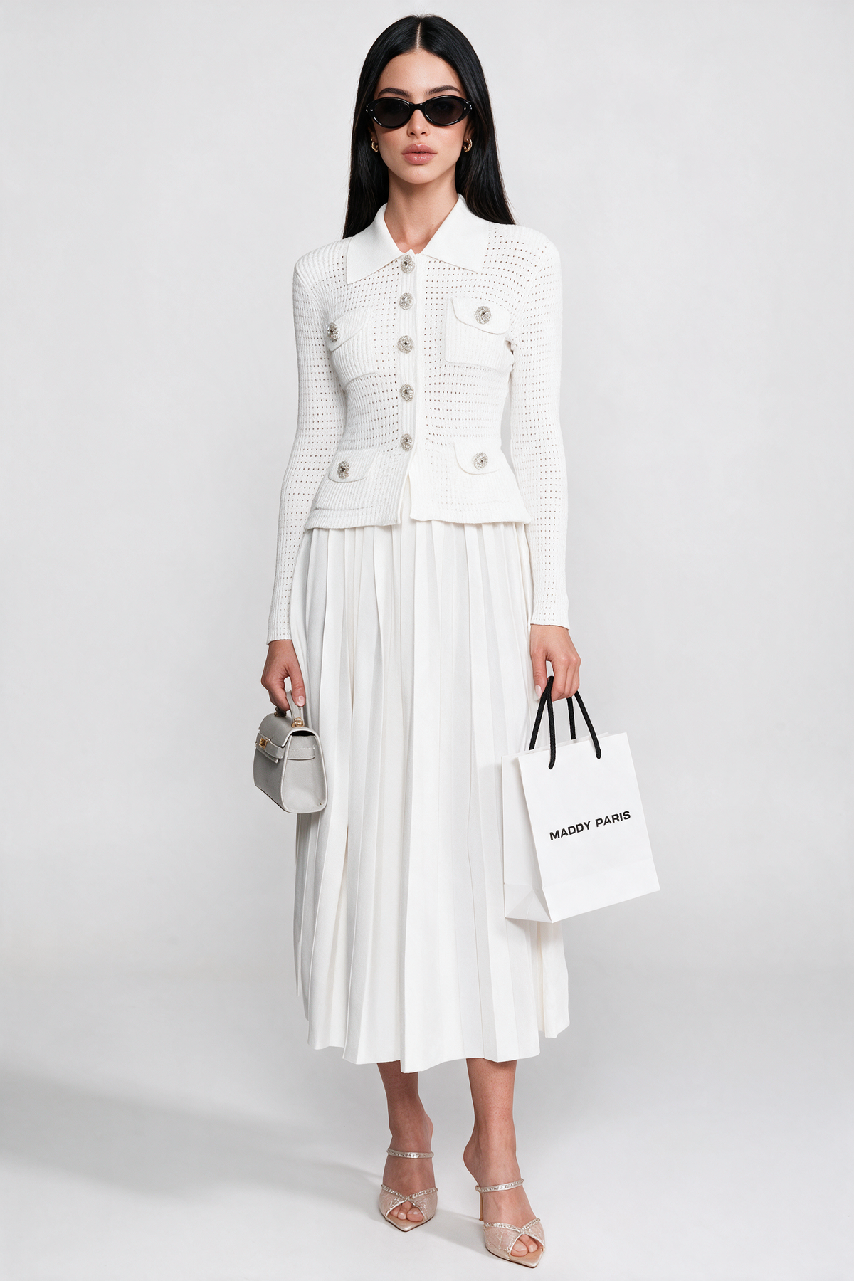 Open-Knit Dress with Pleated Midi Skirt - White