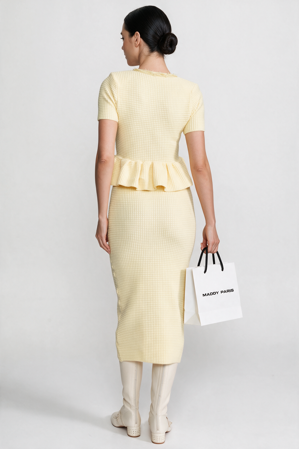Textured Knit Midi Dress with Peplum Waist Detail - Yellow