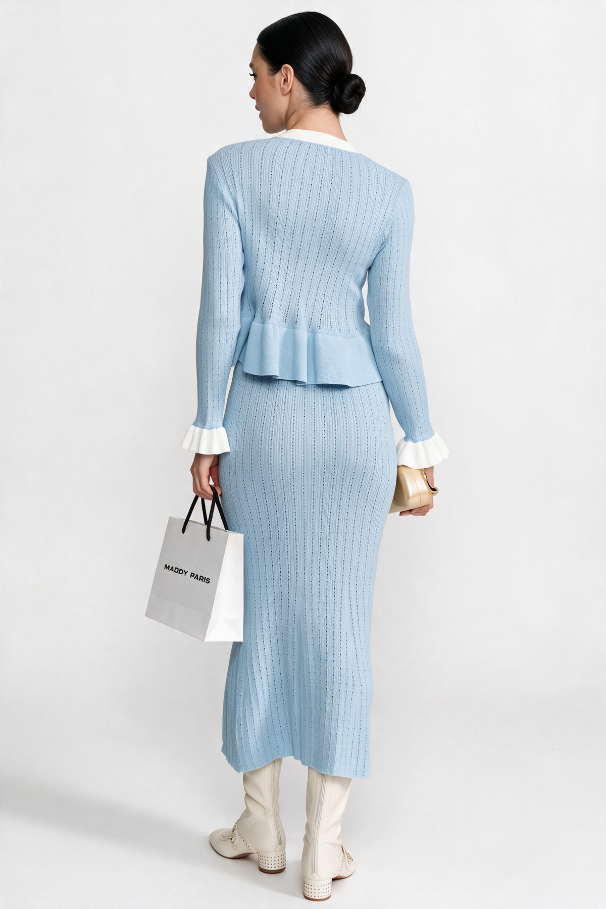 Pointelle Knit Midi Co-Ord with Contrast Trim - Baby Blue