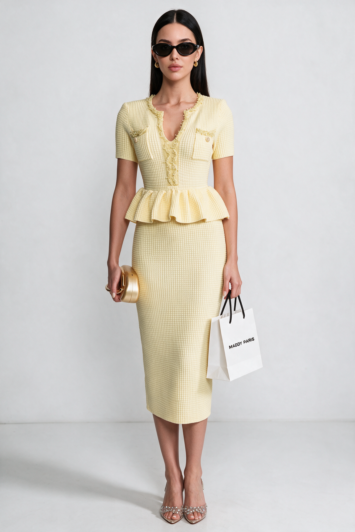 Textured Knit Midi Dress with Peplum Waist Detail - Yellow