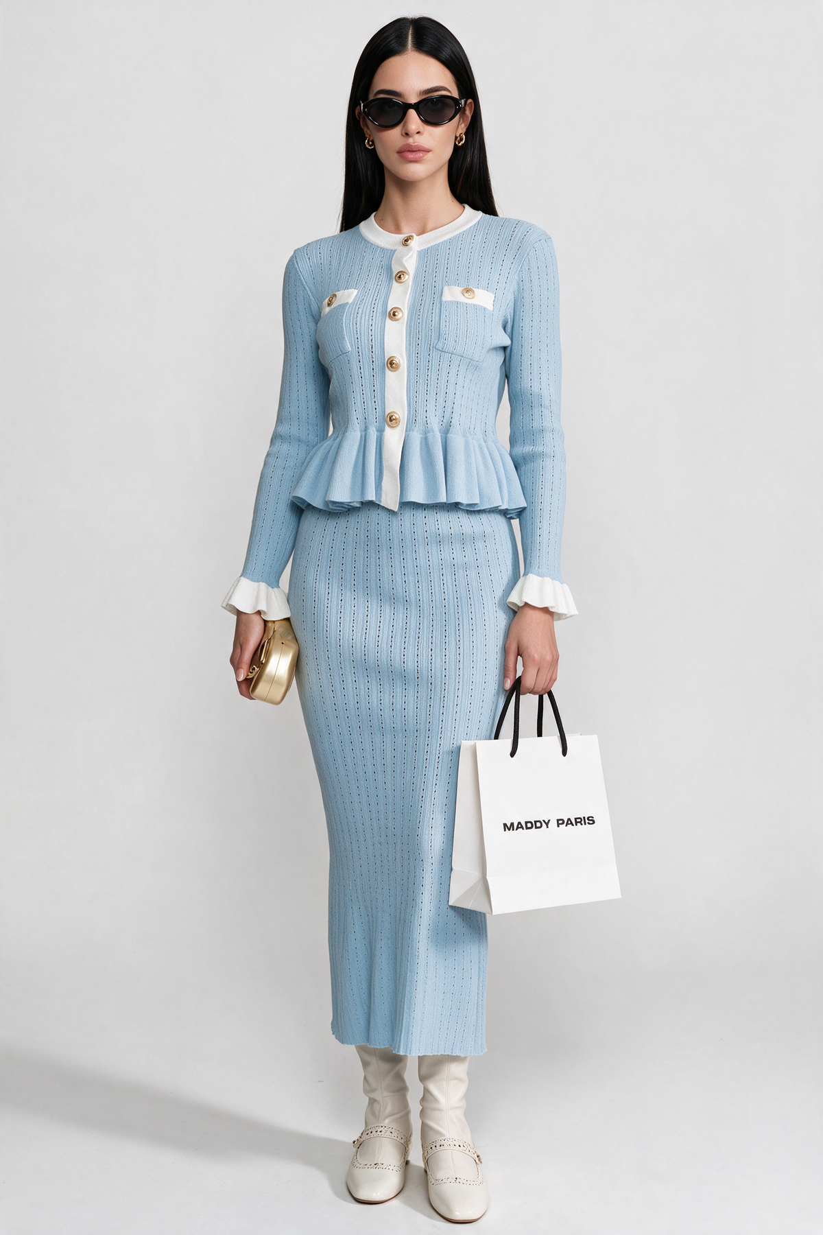 Pointelle Knit Midi Co-Ord with Contrast Trim - Baby Blue